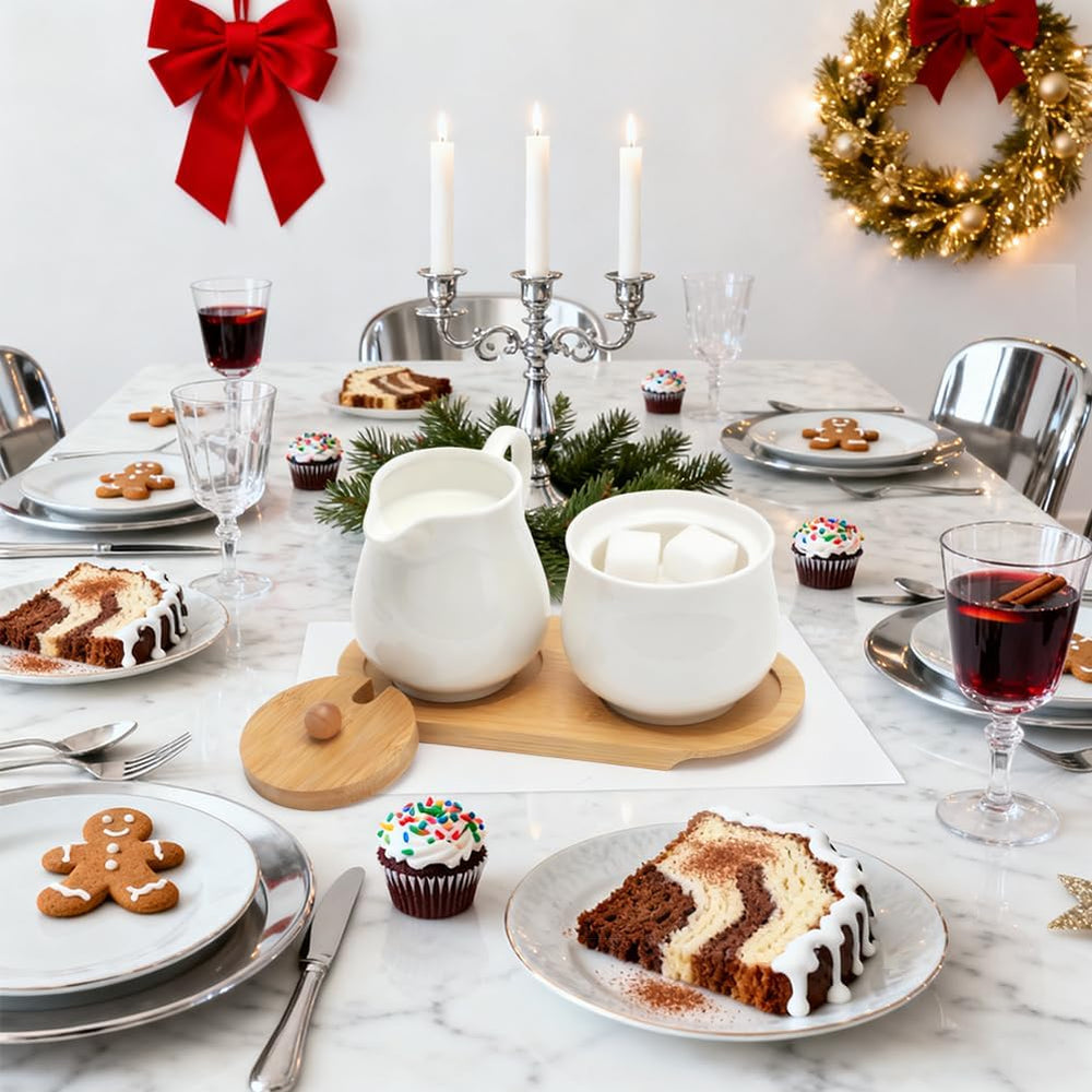 Service à lait et sucre avec couvercle et cuillère, pot à lait en céramique en 5 parties et récipient à sucre avec tablette en bois, récipient à lait et sucre pour cuisine, café, four à micro-ondes et lave-vaisselle (blanc)
