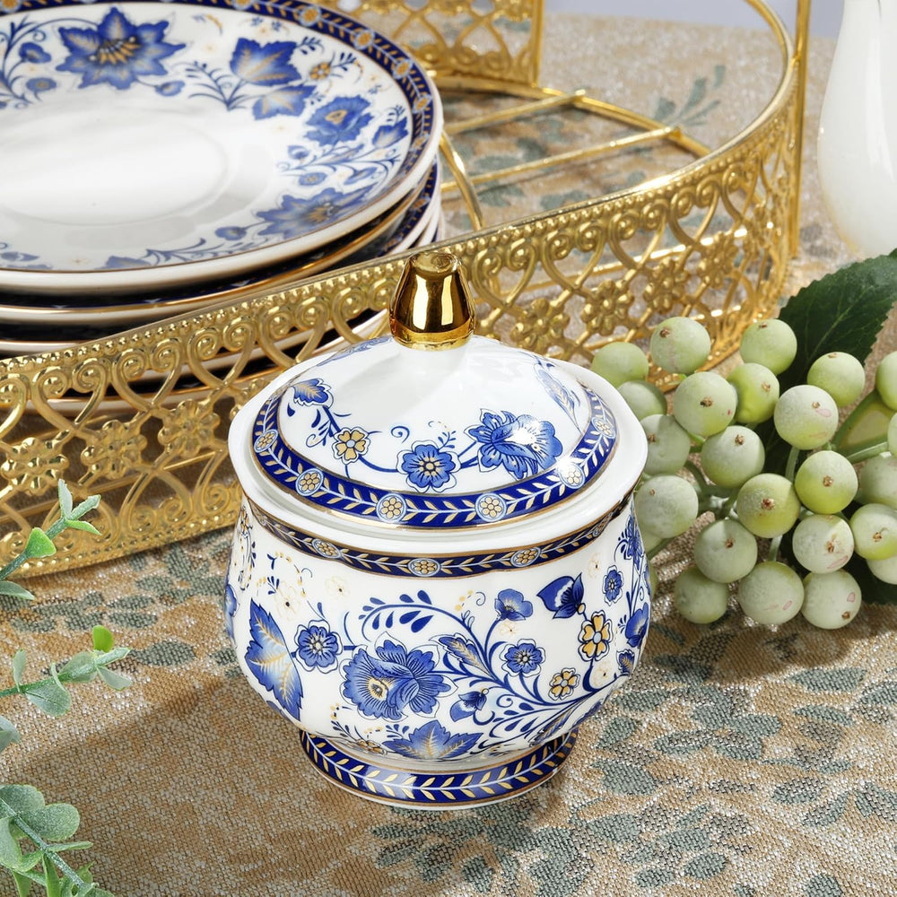 Fanquare – service à thé en porcelaine à fleurs bleues, avec support en métal, tasse à café et soucoupe en porcelaine Vintage, service à café anglais pour adultes