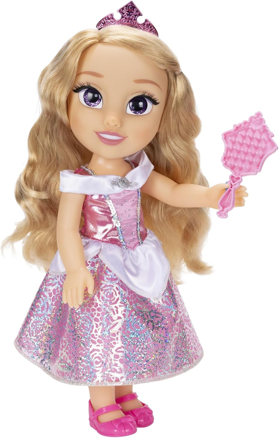 Disney Princess Rapunzel Puppe 35cm, reflektierende Glitzeraugen, bewegliche Gelenke, ausziehbares Kleid, Schuhe, Krone, langes Blondes Haar, für Mädchen ab 3 Jahren