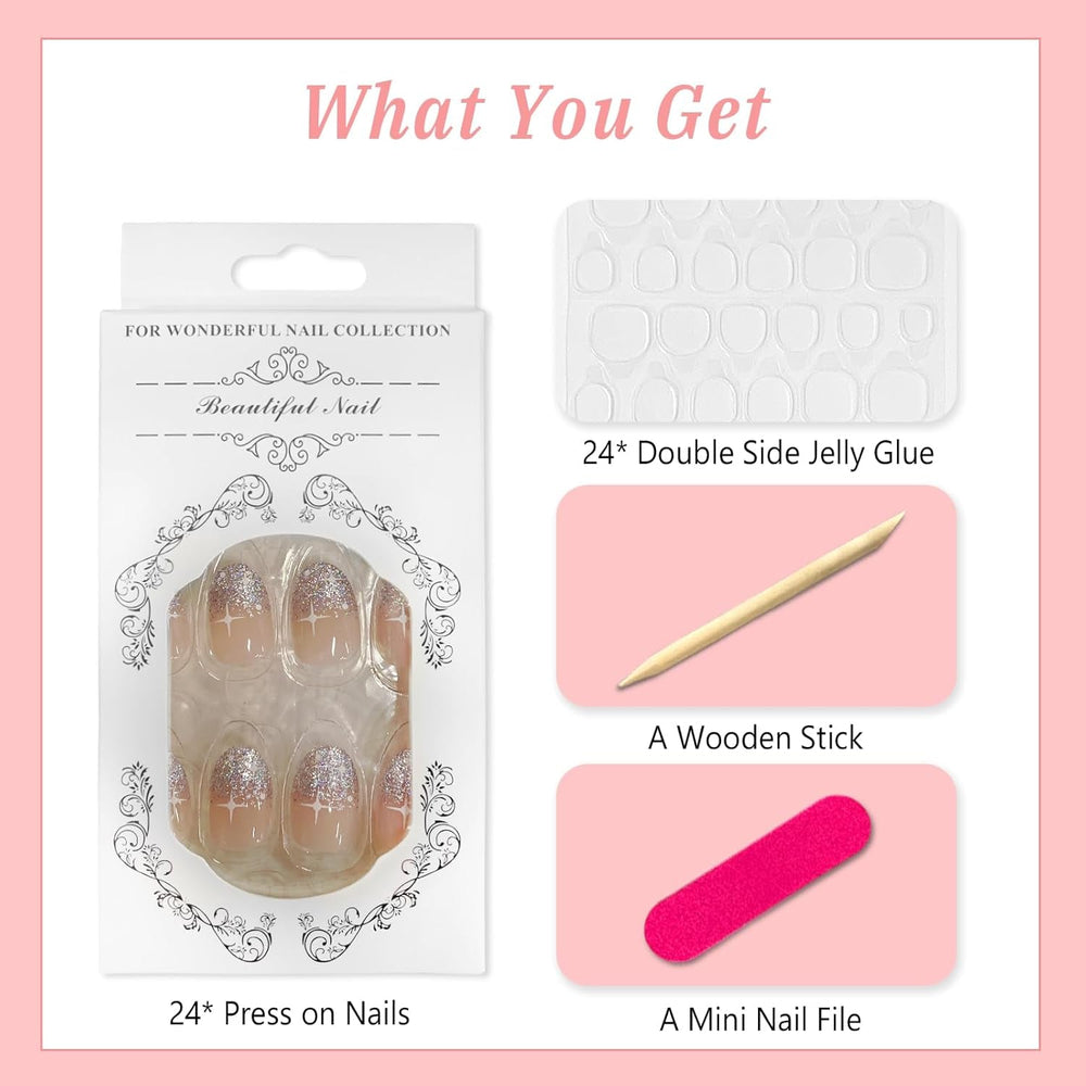 24pcs French Press On Nails Court Brillant Argent Design Ovale Ongles Artificiels Colle Sur Acrylique Brillant Ongles Faux Ongles Pour Femmes Filles