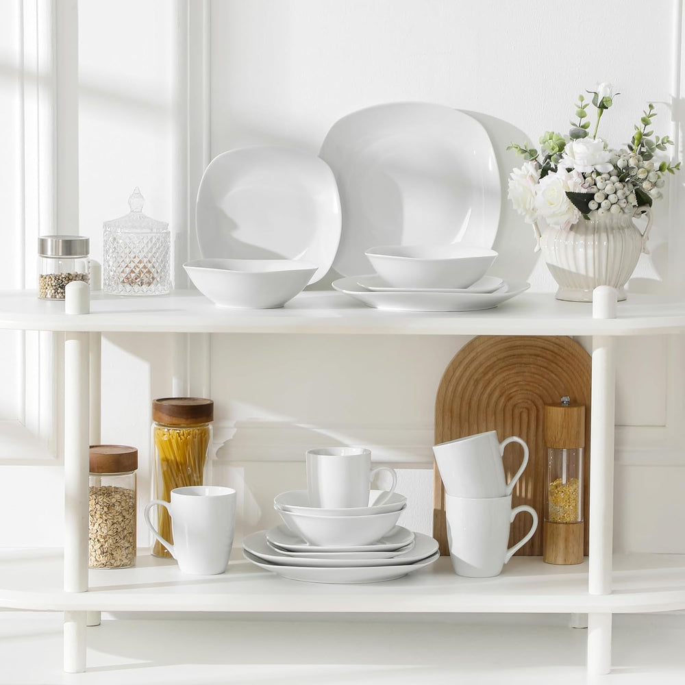 MALACASA Service de table pour 4 personnes, 16 pièces en porcelaine blanche, service de table moderne avec 4 assiettes plates, assiettes à dessert, assiettes et tasses Suma, série ELISA