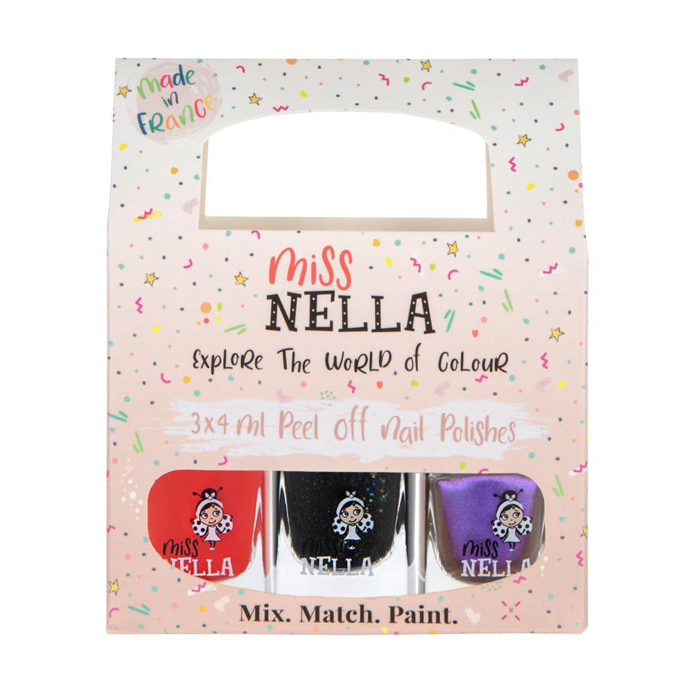 Miss Nella Magic Collection Lot de 4 vernis à ongles pailletés : rose, rouge, or et bleu, vernis à ongles amovible spécial enfants, non toxique, à base d'eau, sans odeur