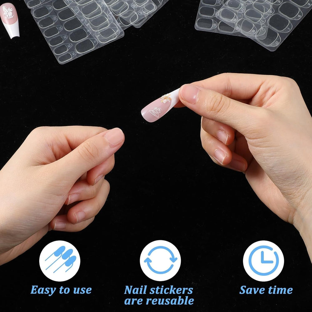 15 feuilles/450 pièces de tampons adhésifs pour ongles, 15 tailles de tampons adhésifs transparents pour ongles, gel de gelée double face, autocollant adhésif pour ongles, tampons adhésifs à presser sur les ongles, tampons adhésifs pour accessoires de décoration de manucure DIY