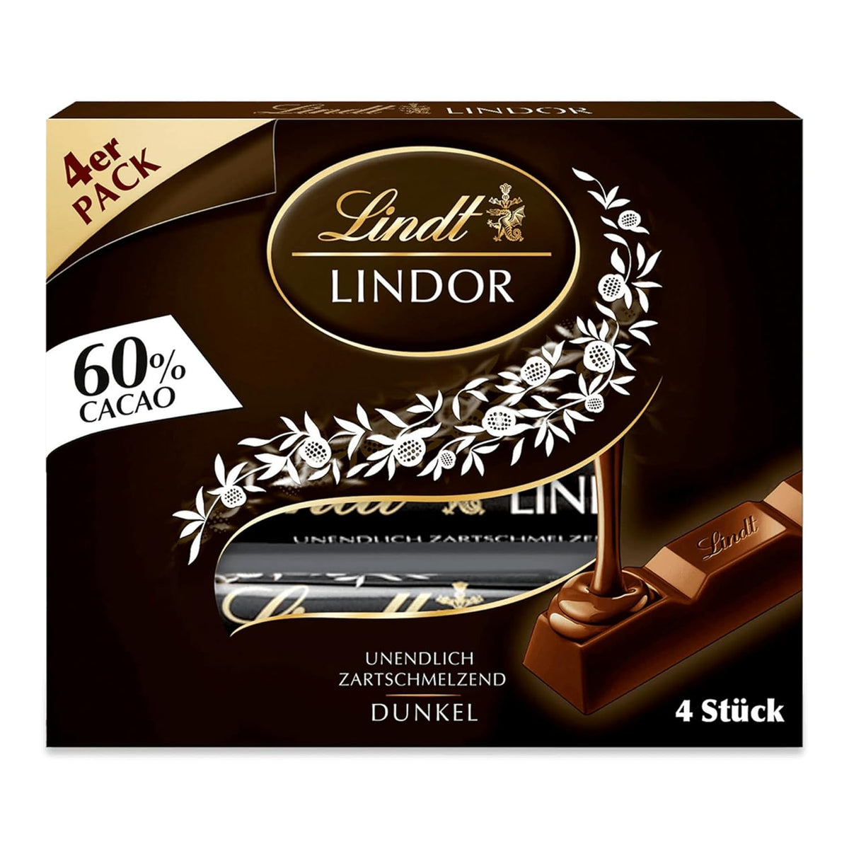 Chocolat Lindt | Sticks LINDOR 60% Cacao | 100g | 4 tablettes de chocolat fourrées au chocolat noir 60% de cacao et fondantes | Barre de chocolat
