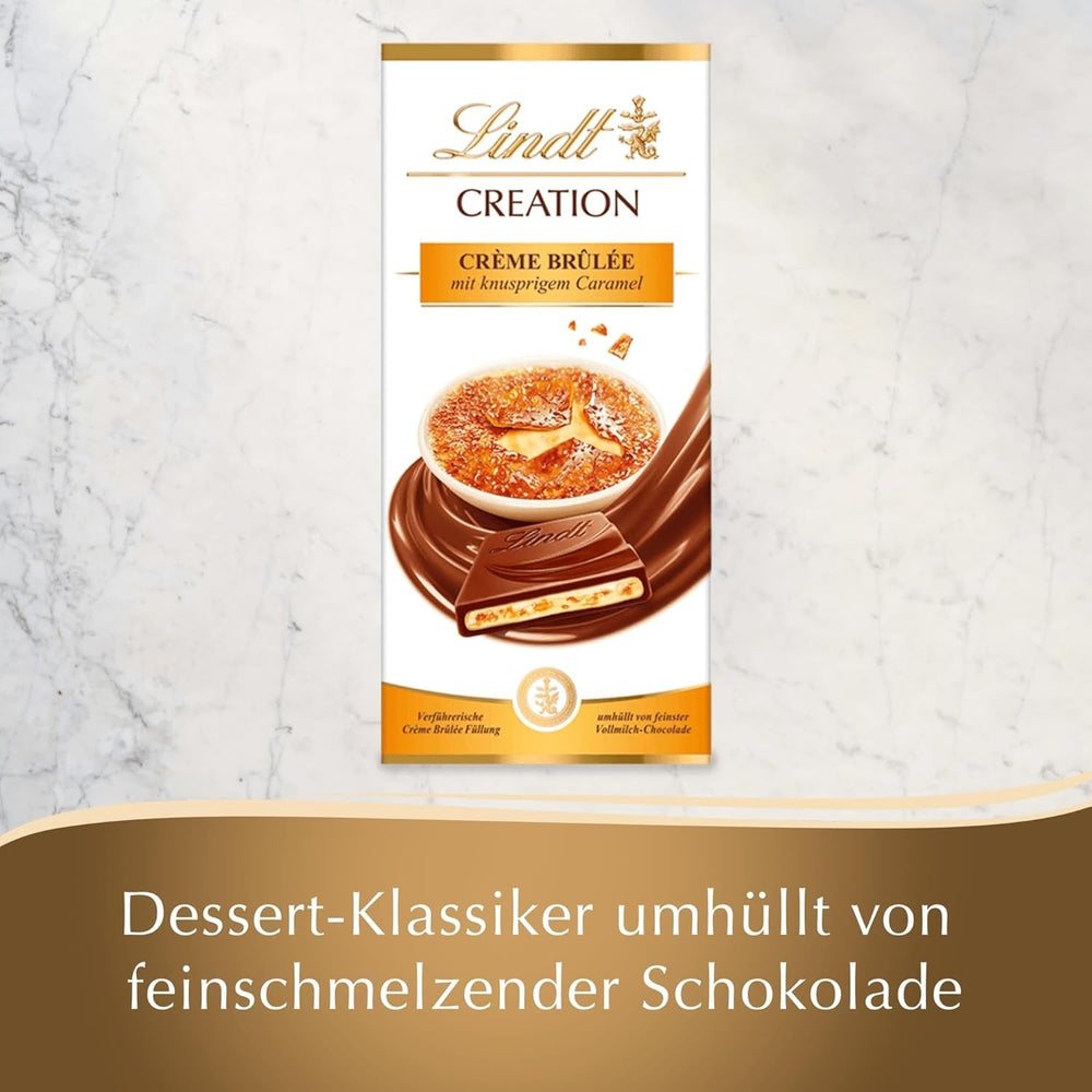 Lindt Schokolade Creation Crème Brûlée Tafel | Crème Brûlée Füllung Mit Knusprigem Karamell, Umhüllt Von Feinster Vollmilch-Schokolade | Tasse de chocolat | Schokoladengeschenk, 150G Naty Shop