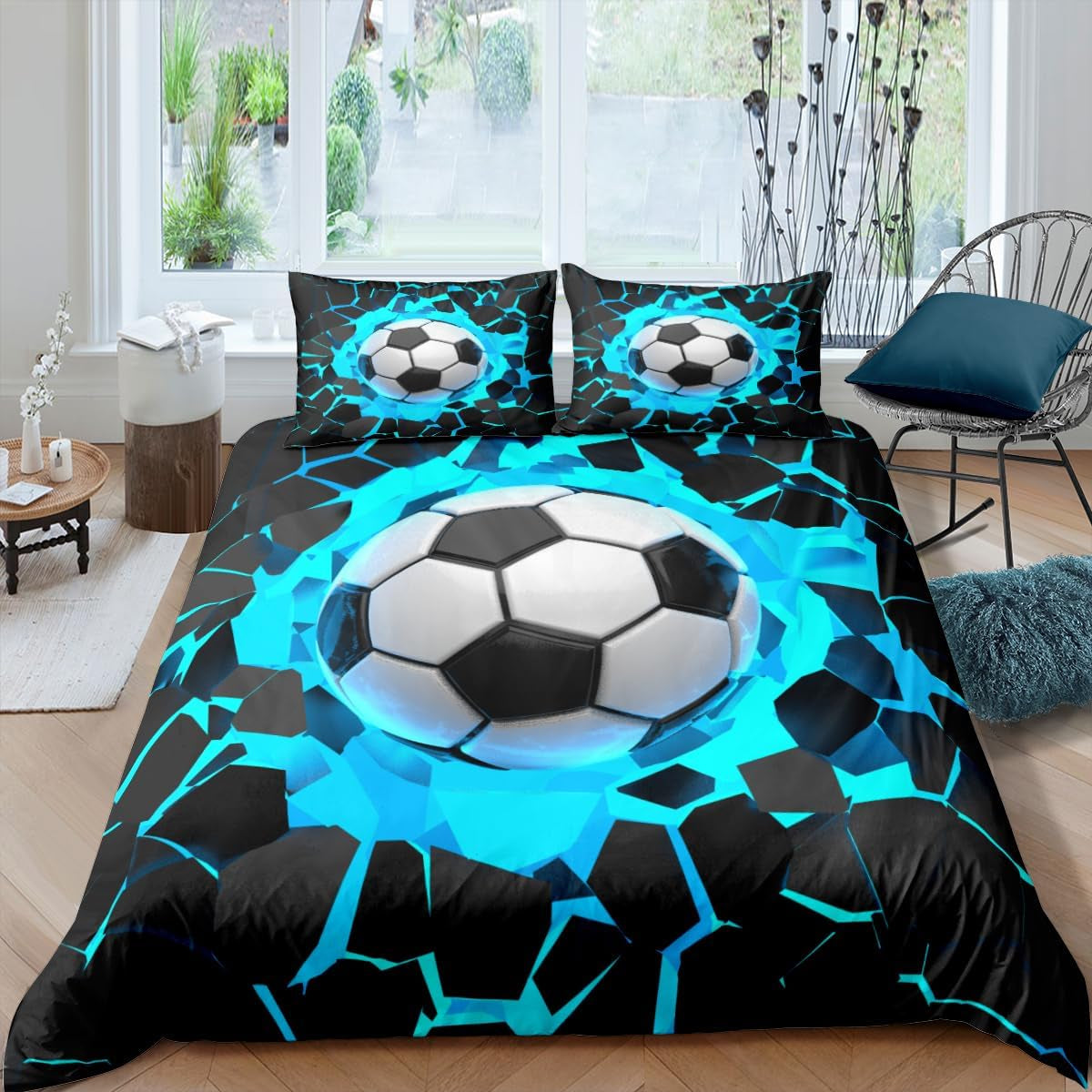 Parure de lit enfant, football, microfibre polyester Linge de lit - enfant Naty Shop Bleu 135 X 200 Cm