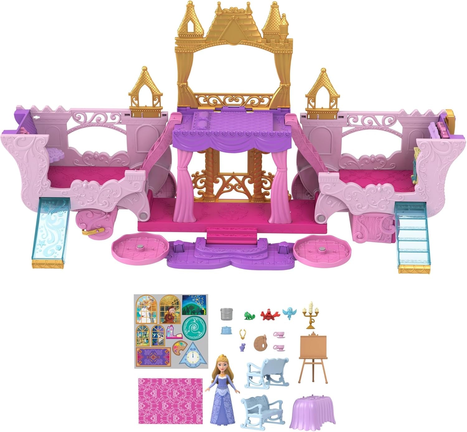 Mattel Disney Princess Transforming Playset Carriage to Castle avec poupée Little Aurora, 3 niveaux, 6 aires de jeu, 4 figurines, meubles et accessoires HWX17 Naty Shop Dolls