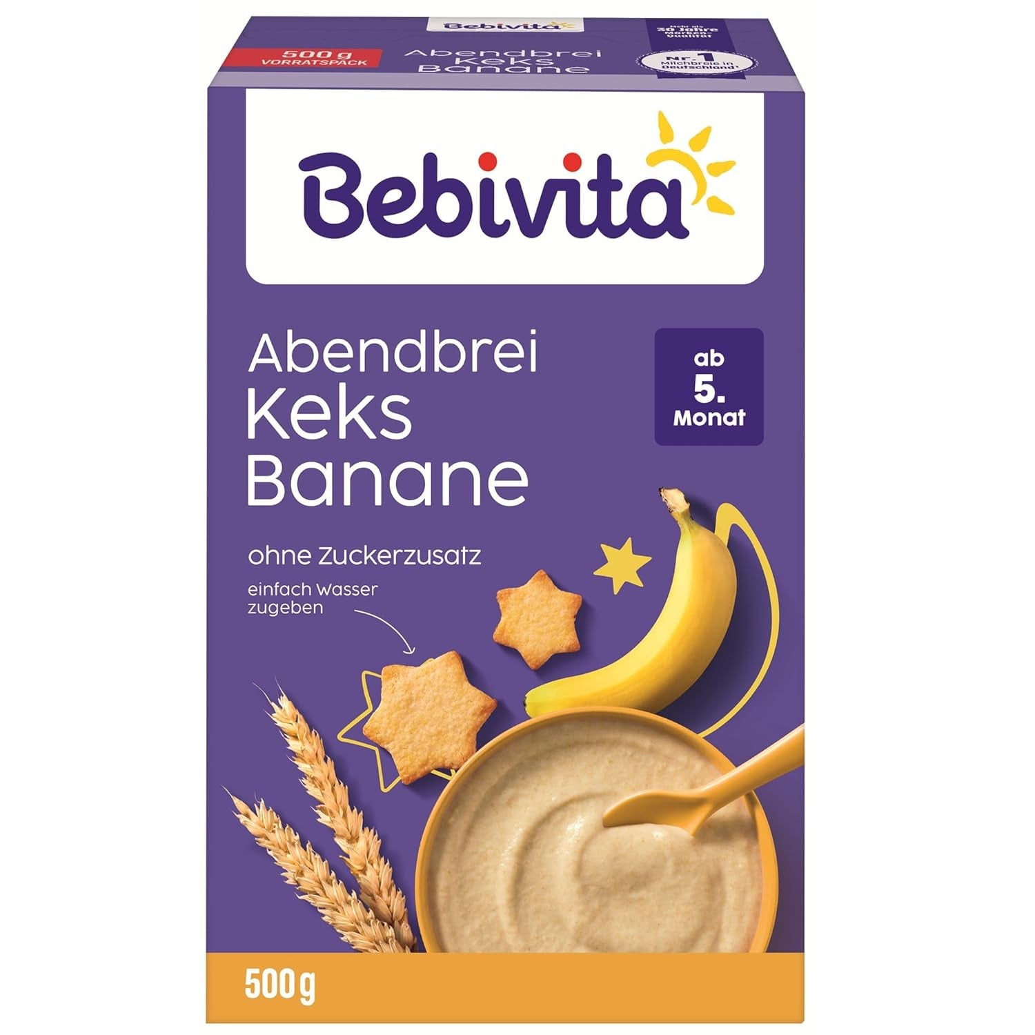 Terci de seară cu biscuiți și banane (4x500g), terci de lapte de la 5 luni, fără zahăr adăugat, cu minerale și vitamine valoroase, foarte sățios
