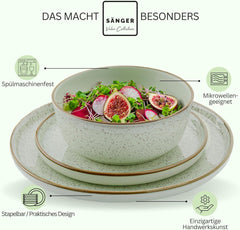 SÄNGER Rio Menthe | Service de table en grès pour 6 personnes, 6 assiettes, 6 assiettes à dessert, 6 bols, vert menthe | LA COLLECTION VALEUR