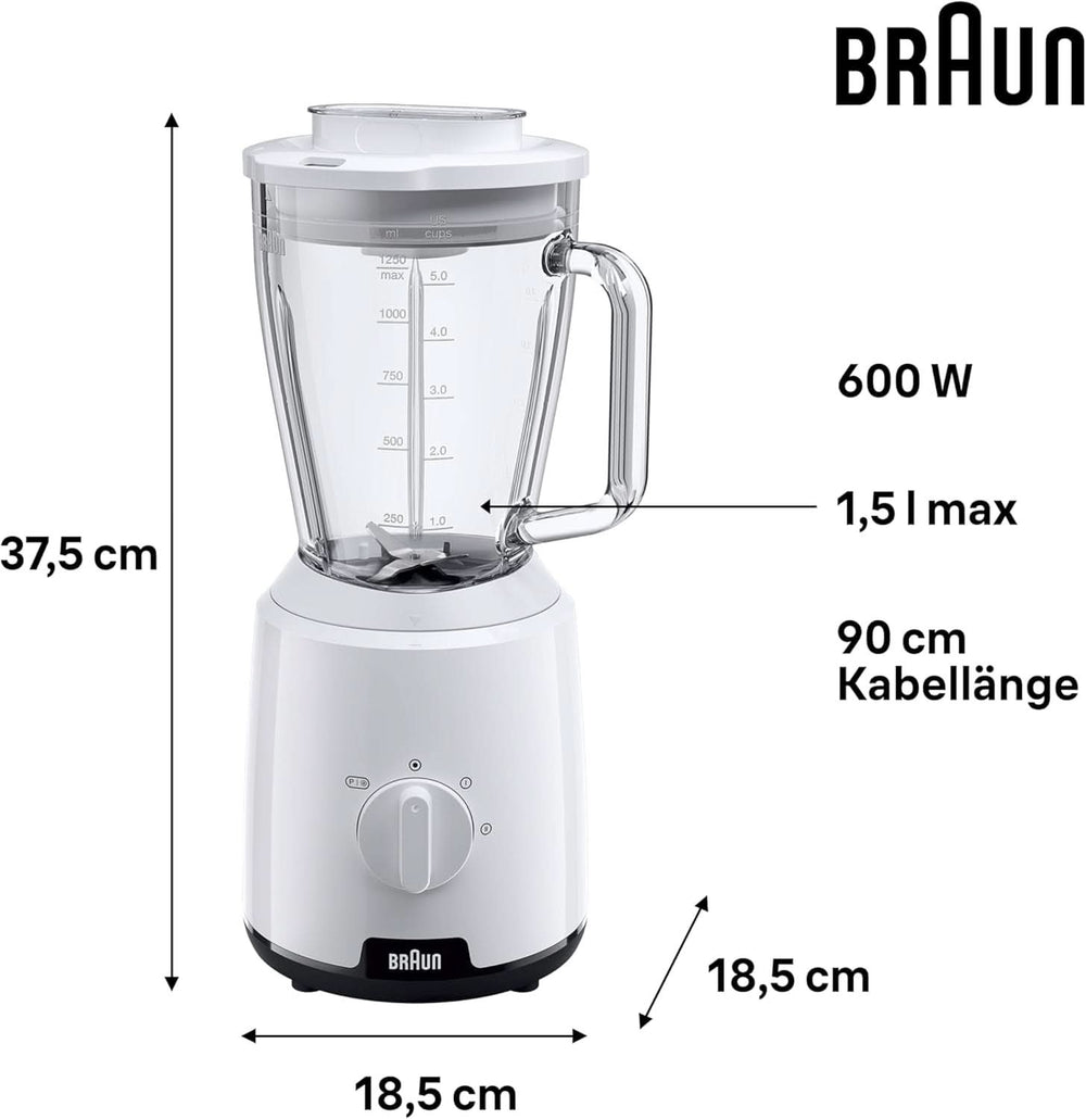 Braun Powerblend 1 JB1050WH - Batteur sur socle avec 1,5 L de bols de mixage en verre, accessoires de cuisine pour mélanger, purifier et mélanger, fonction glace pilée, 2 vitesses de cuisson, 600 watts, blanc cuisine Naty Shop