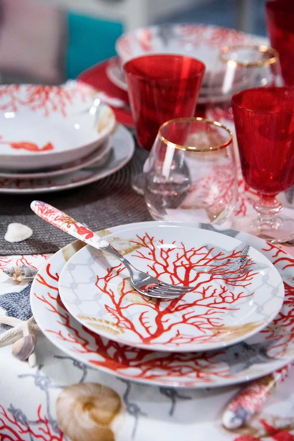 Service de table Excelsa Coral, 18 pièces, porcelaine, rouge