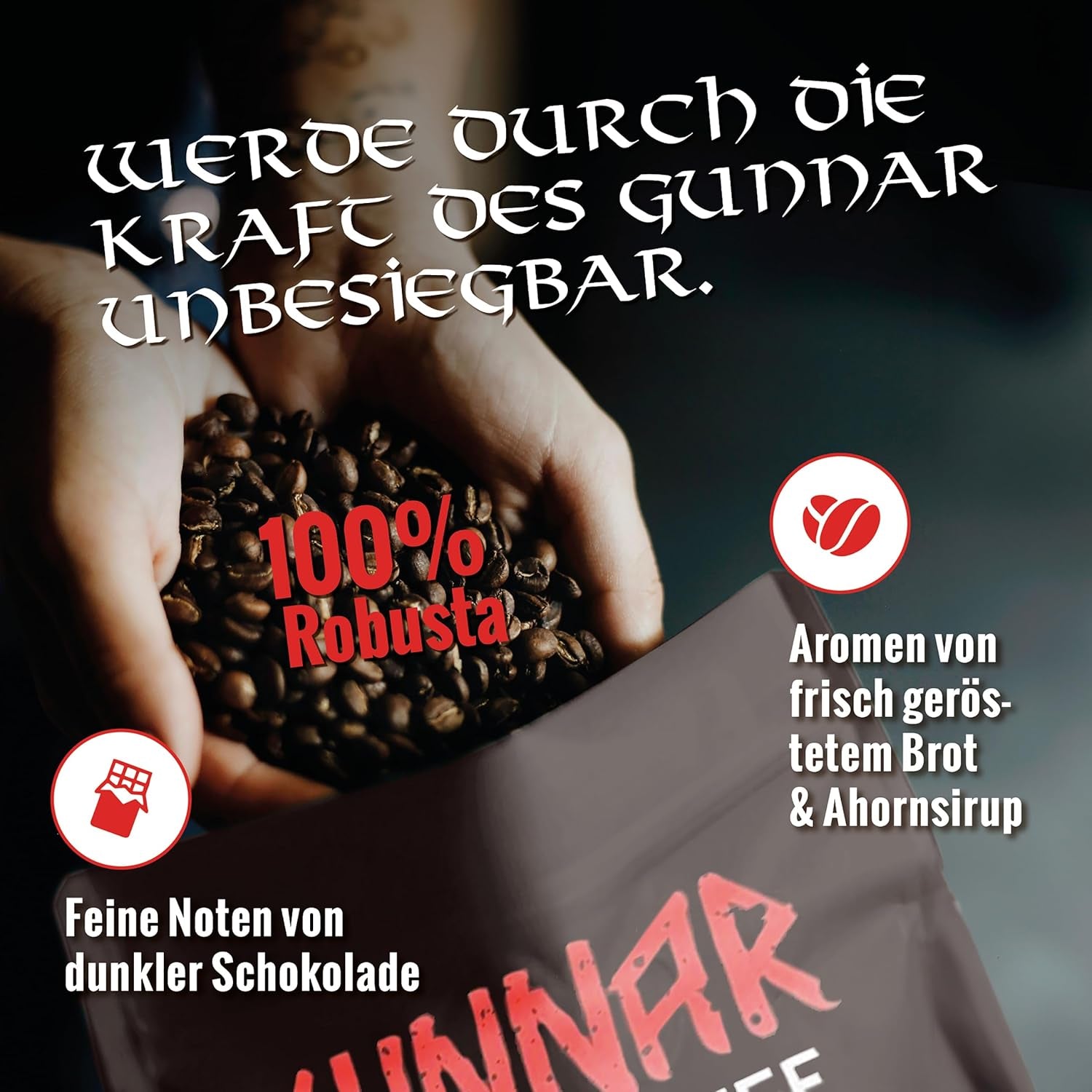 Rôti vierge - GUNNAR - 1kg - Café de Bohême entier extra fort - Kräftige Robusta-Röstung - 494mg Kaffein je Tasse - Würzig & Kraftvoll mit Noten von dunkler Schokolade - Säurearm