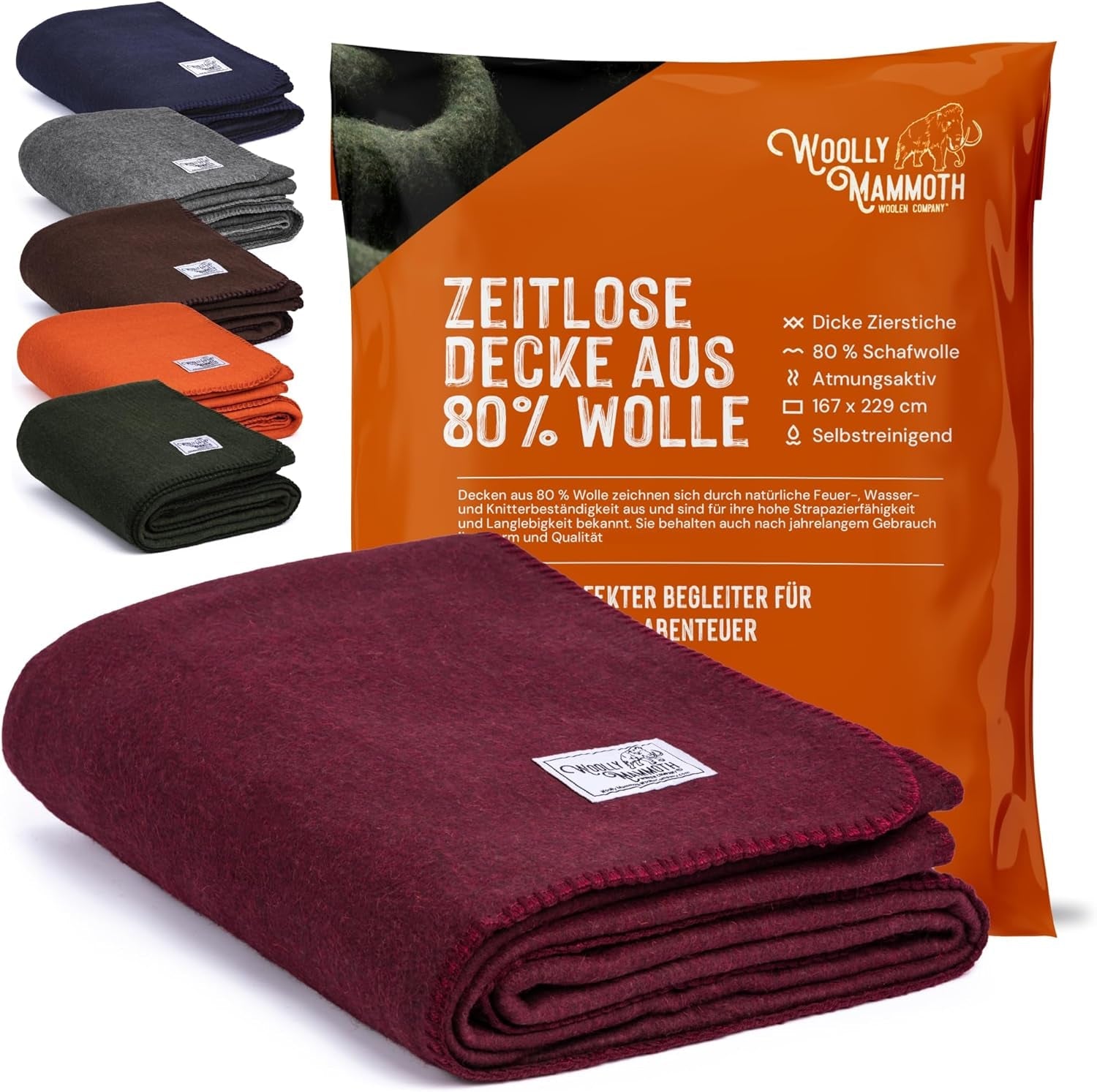 Couverture de camping Woolly Mammoth Woollen Co., extra large, laine mérinos, l'équipement extérieur parfait pour le bushcraft, le camping, le trekking, la randonnée, la survie ou la couverture de cabine. Marron, 168 X 228 Lits et couvertures Woolly Mammoth Woollen Company Bordeaux 66" X 90"