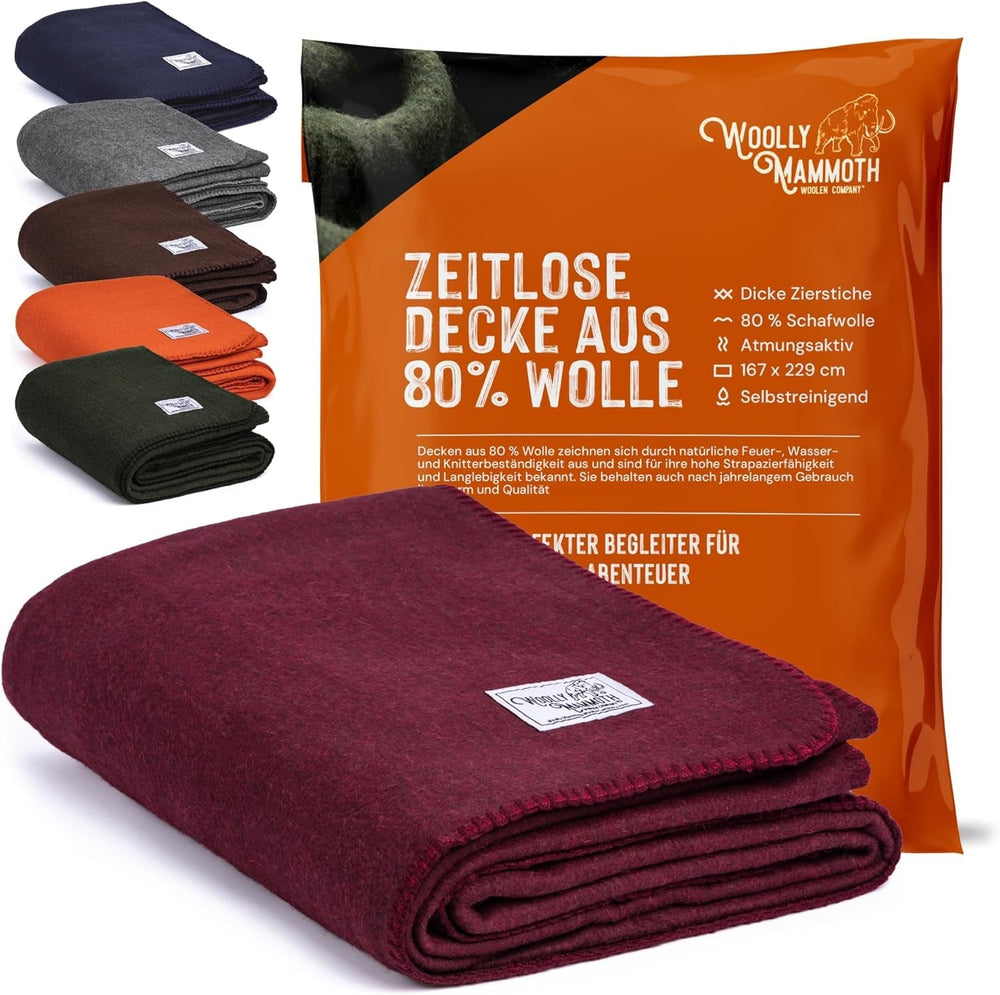 Couverture de camping Woolly Mammoth Woollen Co., extra large, laine mérinos, l'équipement extérieur parfait pour le bushcraft, le camping, le trekking, la randonnée, la survie ou la couverture de cabine. Marron, 168 X 228 Lits et couvertures Woolly Mammoth Woollen Company Bordeaux 66" X 90"