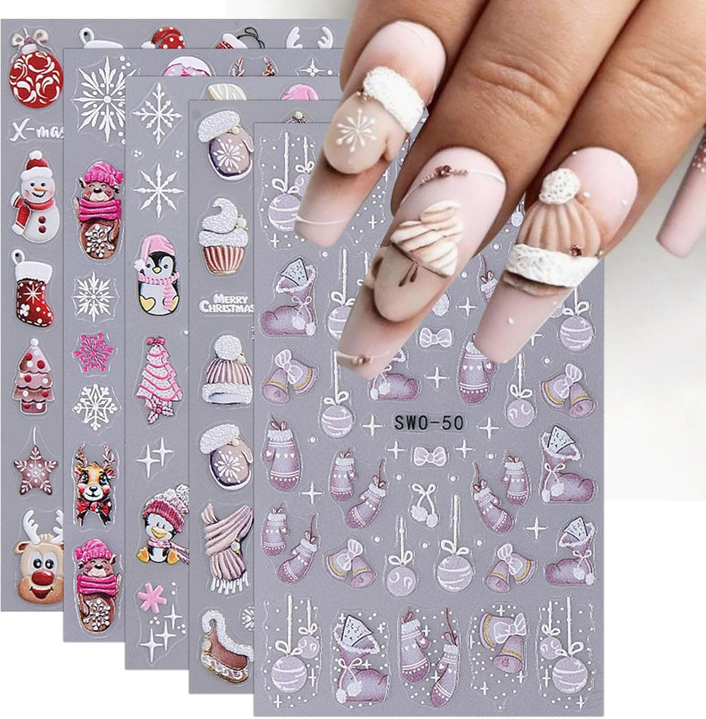 JMEOWIO Nagelsticker Weihnachten 6 Blatt Nail Art Sticker Selbstklebend Nagelaufkleber Schneeflocke Winter Urlaub Süß Dekoration Nageldesign Zubehör