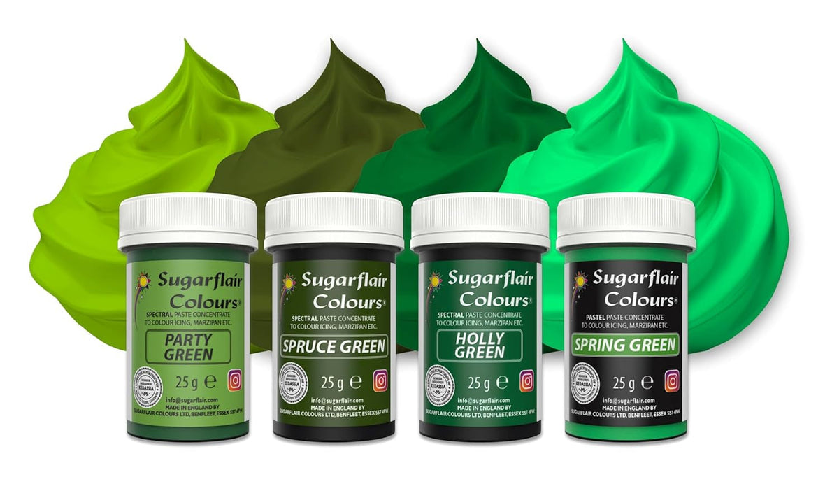 Sugarflair Pasta Colorant Alimentaire, Vert, Lot de 4, Colorant Alimentaire pour Pâtes, Fondant, Massepain, Pâte à Sucre, Crème au Beurre et Plus encore : Vert Ilex, Vert Printemps, Vert Épicéa, Vert Fête - Lot de 4