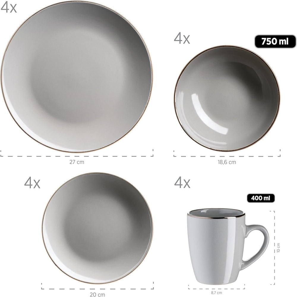 MÄSER Metallic Rim, Modernes Geschirr Set Für 4 Personen Mit Messingfarbenem Rand, 16-Teiliges Kombiservice Mit Randlosen Coupe-Formen, Steinzeug, Grau Vaisselle Naty Shop