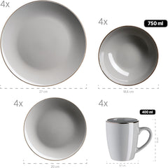 MÄSER Metallic Rim, Modernes Geschirr Set Für 4 Personen Mit Messingfarbenem Rand, 16-Teiliges Kombiservice Mit Randlosen Coupe-Formen, Steinzeug, Grau Vaisselle Naty Shop