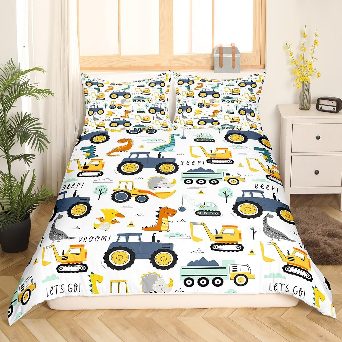 Jungen Cartoon Car Literie Set 135X200,Kinder Bau Fahrzeuge Tröster Abdeckung Für Kind Kleinkind Teens,Dinosaurier Bettbezug,Traktor Maschinerie Bagger Bettdecke Abdeckung,Lkw Autos Bettdecke Naty Shop