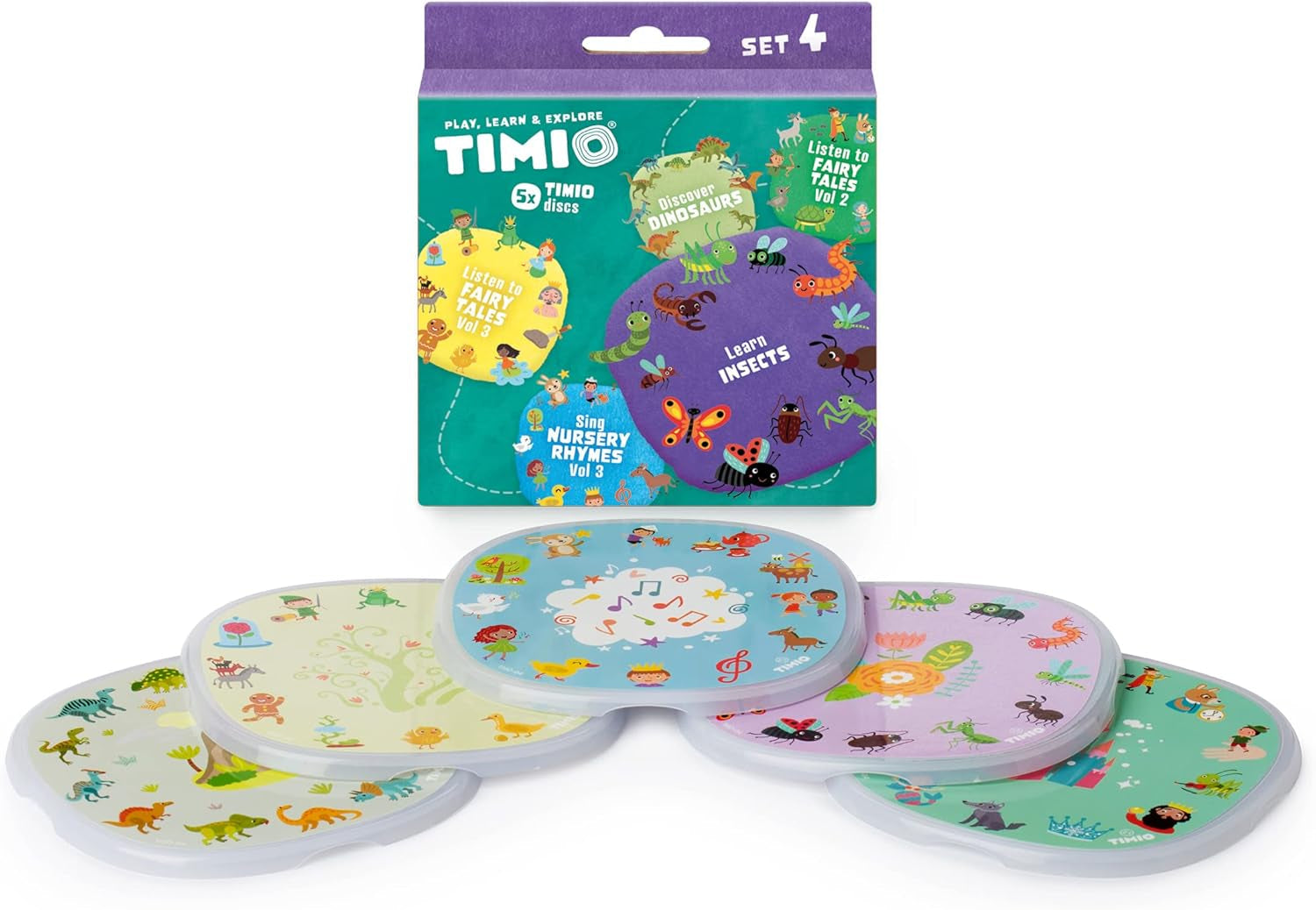 TIMIO Disc Set #1 : 5 disques audio pour TIMIO Player | Apprenez les couleurs, les animaux sauvages, les instruments de musique, 96 comptines Vol 1, les parties du corps | 8 langues incluses | Jouet d'apprentissage de 2 à 6 ans Bebe Toys Naty Shop Timio jeu de disques 4