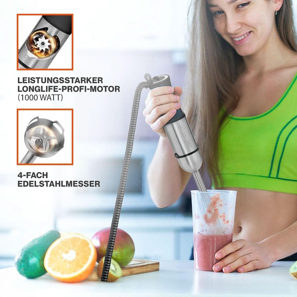 Proficook® 2In1 Batteur sur socle & Schneebesen | Stabmixer 1000 Watt pour mixeurs, mélangeurs et purificateurs | Machine à smoothies M. Langem Mixstab | Pürierstab M. Edelstahlgehäuse & Soft Touch-Griff | PC-SMS 1220 Mère et Enfant Naty Shop