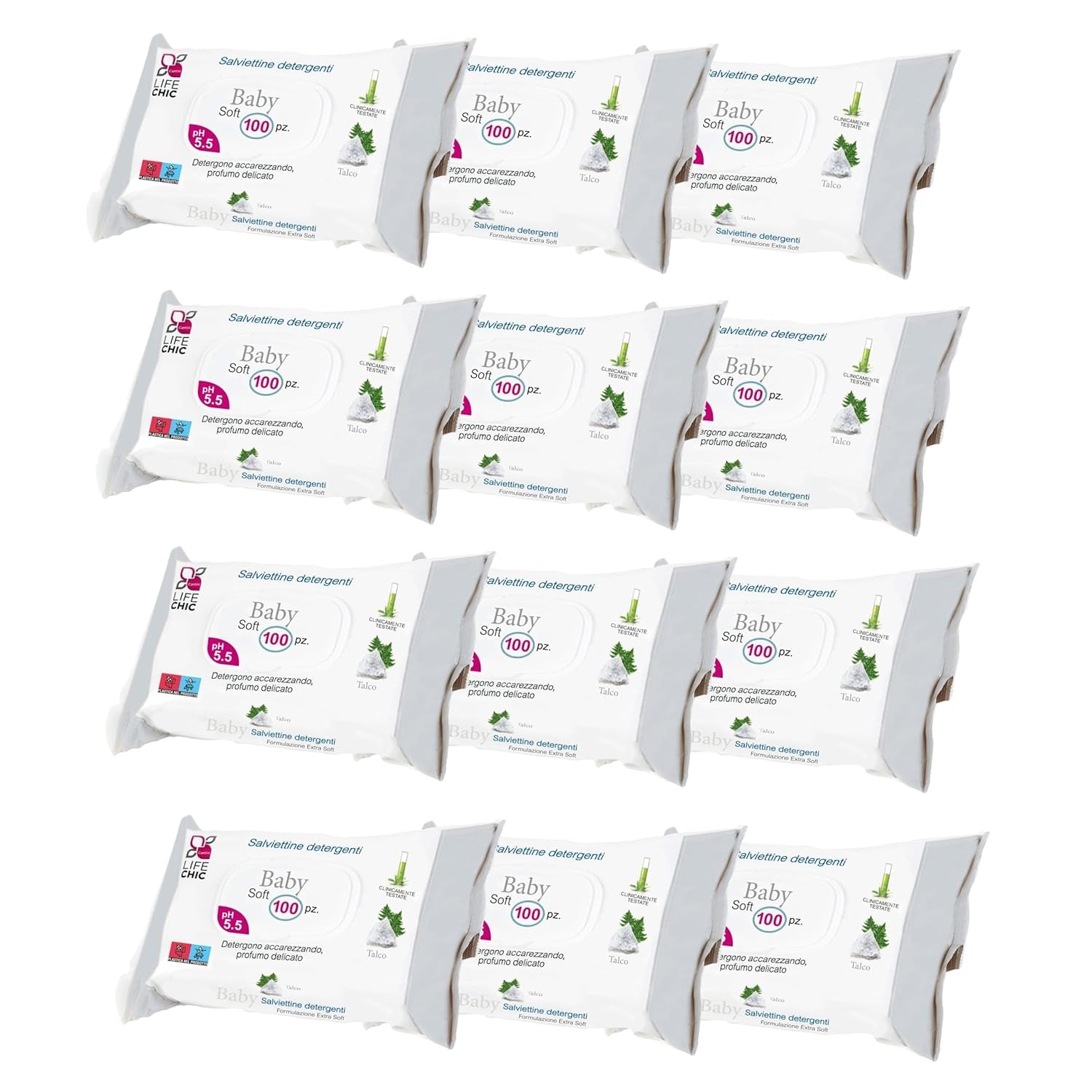 Lingettes pour bébé avec talc pour peaux sensibles, sans alcool, respectueuses de la peau, pH 5,5, légèrement parfumées, 1200 unités (paquet de 12)