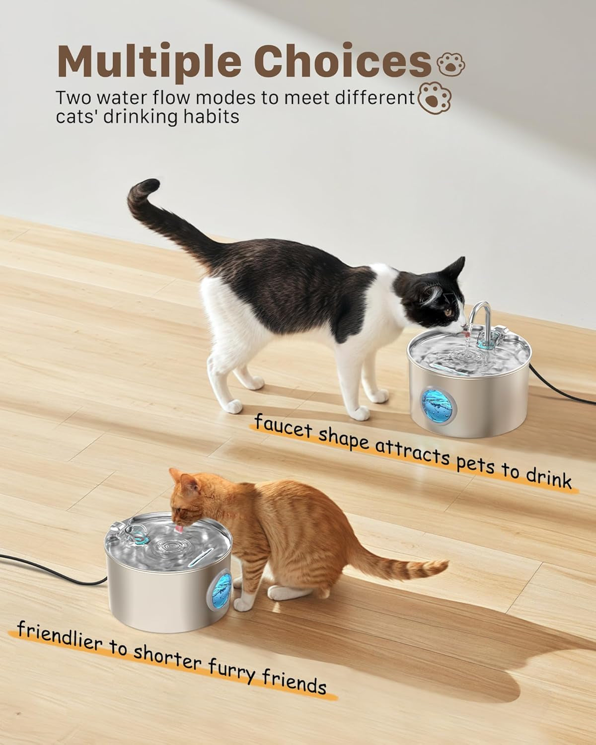 Katzenbrunnen Edelstahl Trinkbrunnen für Katze: Katzenbrunnen für Katzen - 2.2L Ultra leise Wasserbrunnen für Katzen - Katzentrinkbrunnen für Hunde mit Wasserstandsfenster - Enhtält keinen EU-Adapter