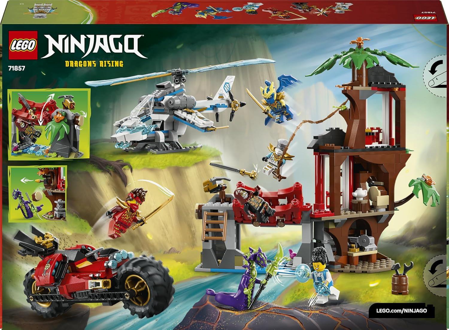 LEGO NINJAGO Showdown am Baumhaus mit dem Ninja-Bike - Action Spielzeug mit Motorrad, Hubschrauber, 6 Minifiguren und Schwertern - Geschenk für Jungen ab 7 Jahren und Fans - 71857