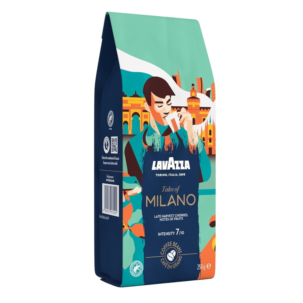Lavazza, Tales of Roma, grains de café, idéal pour les machines à café Espresso, avec des notes aromatiques de noisette et de chocolat noir, Arabica et Robusta, 250 grammes Naty Shop Coffee 250 grammes Milano