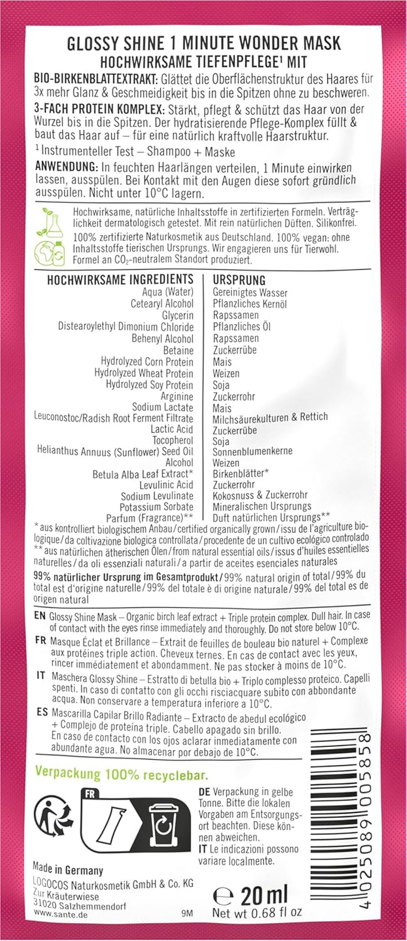 SANTE Naturkosmetik Glossy Shine 1 Min Wonder Mask, soin en profondeur pour cheveux ternes avec extrait de feuille de bouleau biologique et complexe protéique 3x pour 3x plus de brillance et de souplesse, végétalien, 20 ml Naty Shop Hair Mask