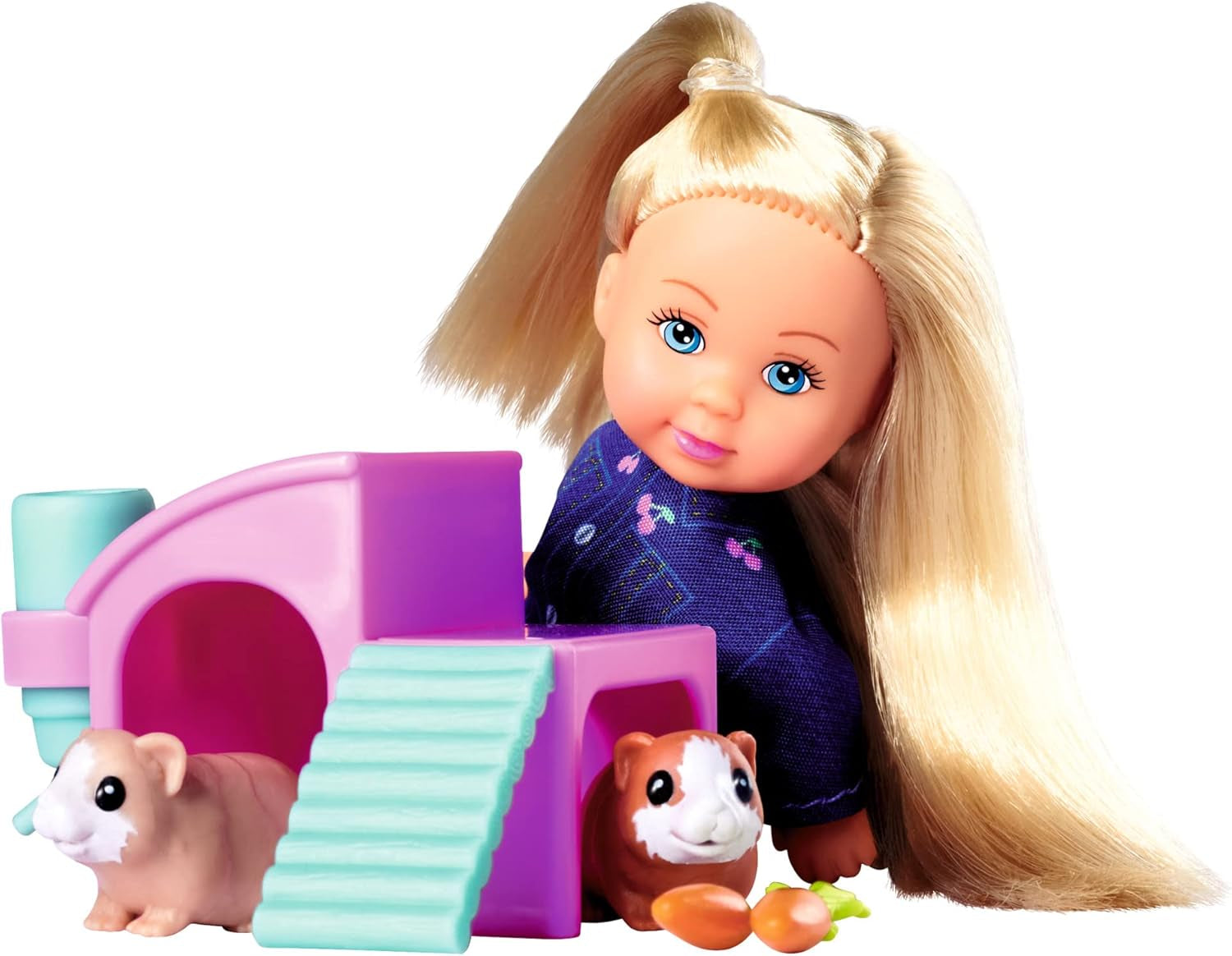 Simba Evi Love Poupée de jeu cochons d'Inde avec deux cochons d'Inde et maison, bouteille d'eau et carottes, 12 cm, à partir de 3 ans