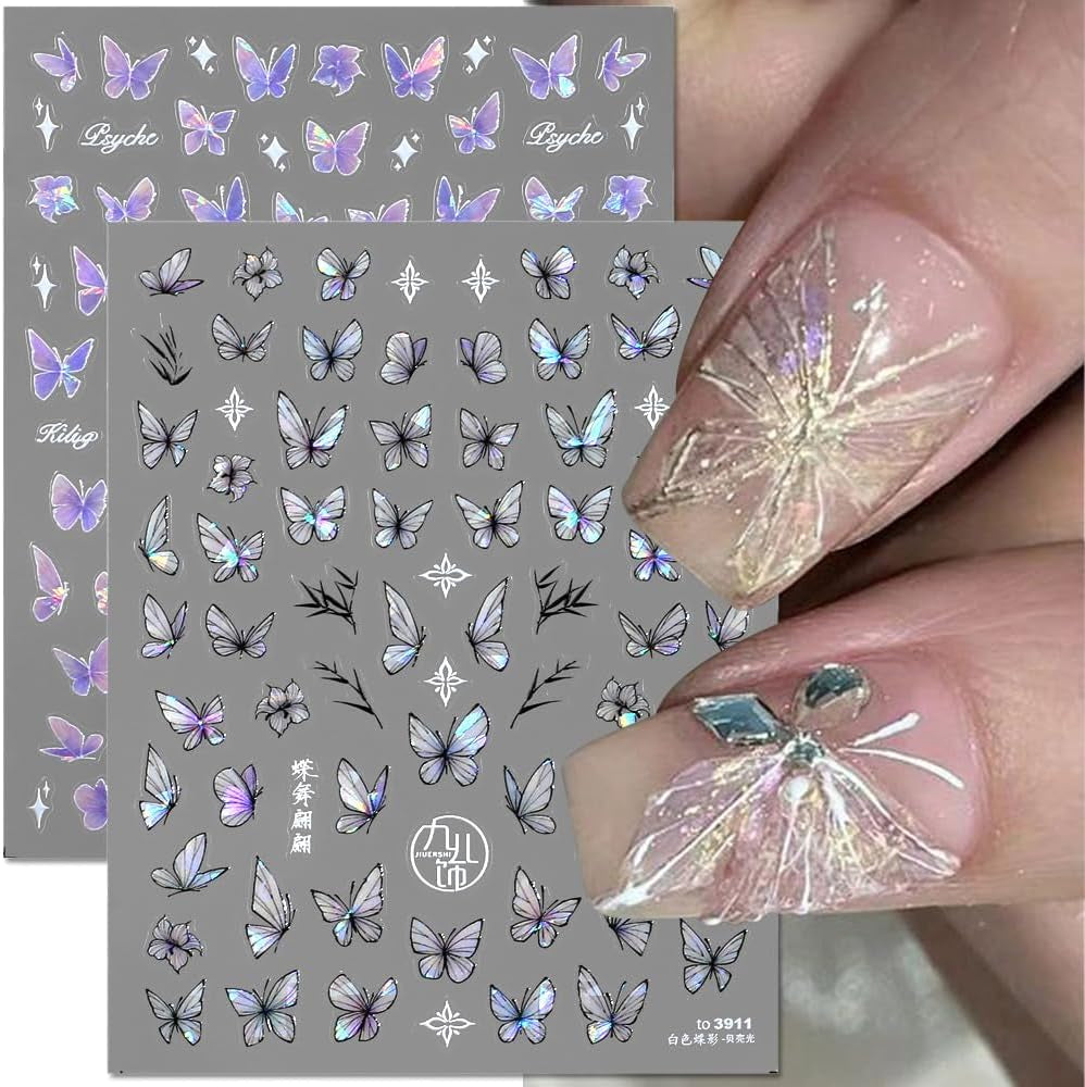 2 Blätter Schmetterling Nagelsticker Selbstklebend,Muschel Glitzer Nail Art Butterfly Nail Sticker Lila Grau Schmetterlinge Nagelaufkleber Relief Laser Butterflies Nagel Sticker Nageldesign Zubehör