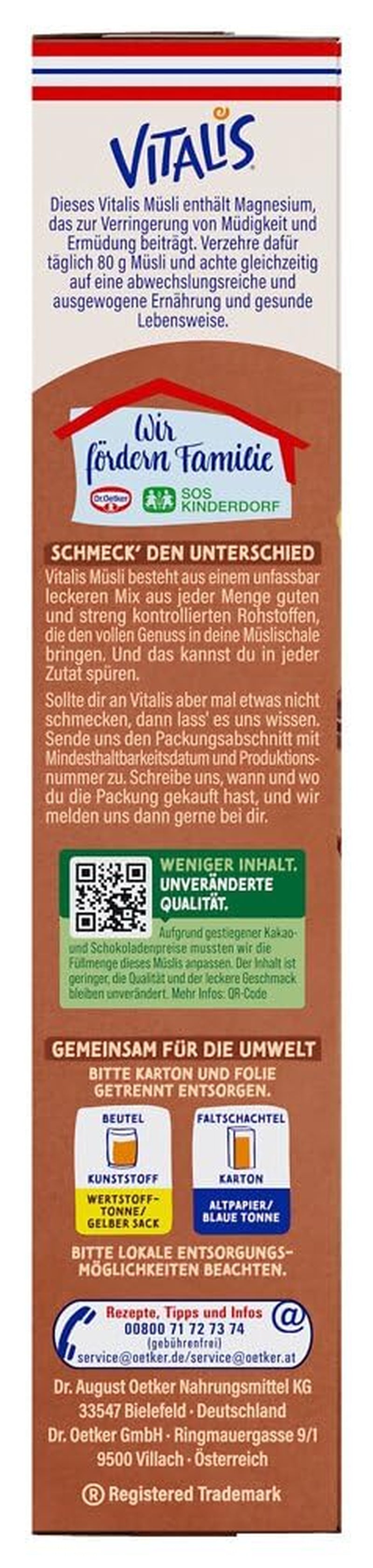 Dr. Oetker Vitalis Chocolate Muesli Classic : Muesli pour petit-déjeuner au chocolat au lait et noir, paquet de 7 (7 x 600 g)