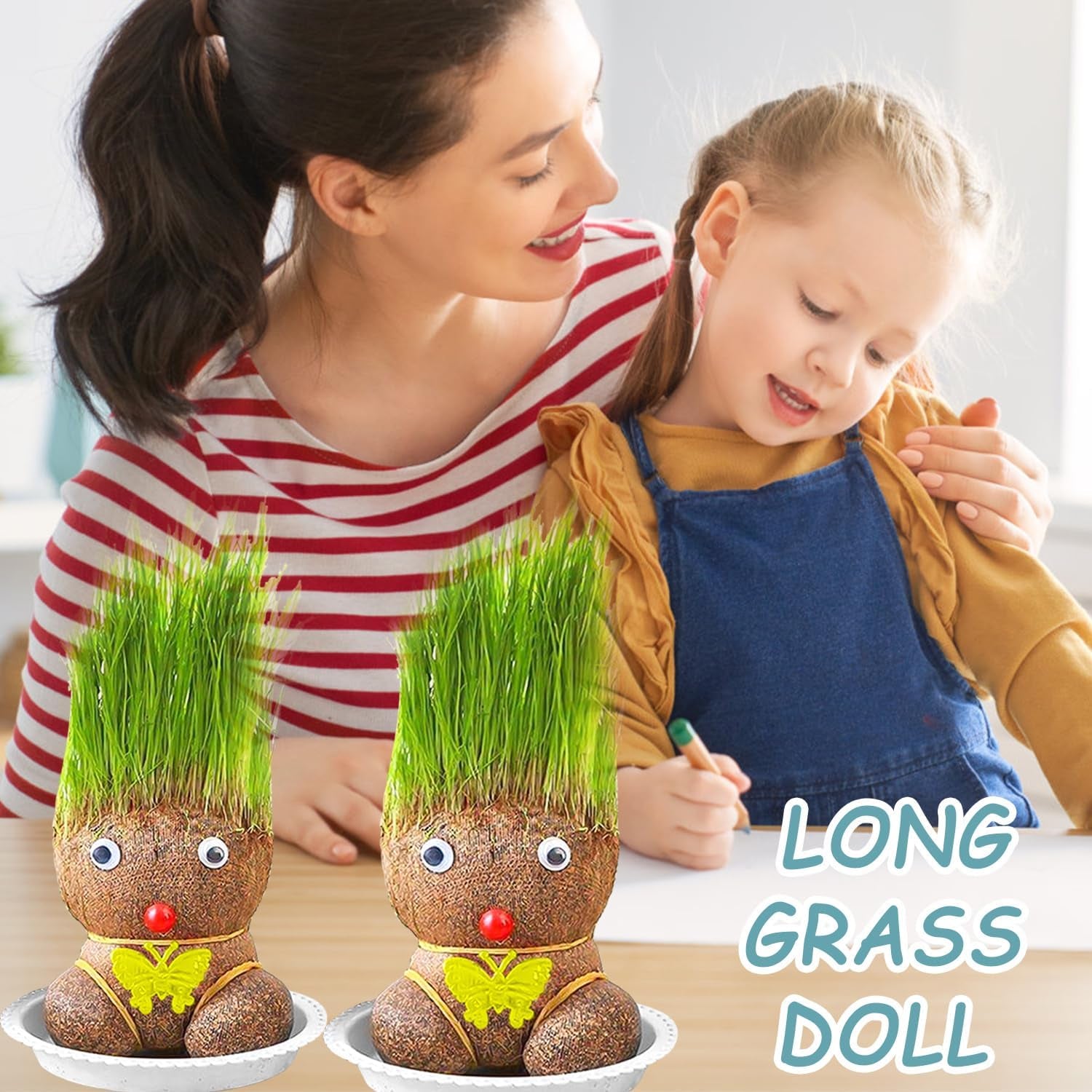 2 Stück Graskopf Wachsende,Graskopf Puppenpflanze,Wachsende Graskopf Puppenpflanze,Graskopf Haarwuchs,Grass Head Doll Bonsai Growing Plants,Mini Bonsai Gras Kopf Figure Puppen Für Schlafzimmer