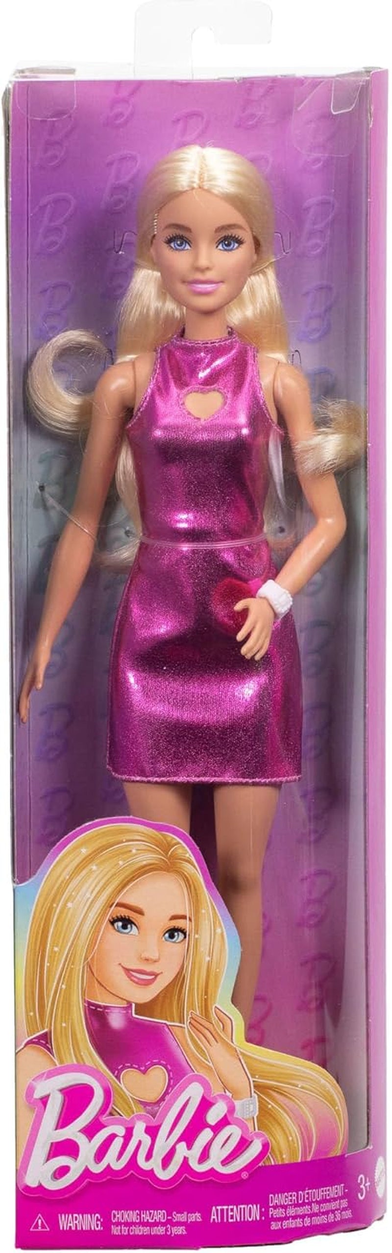 Poupée Barbie Fashionistas no. 230 avec cheveux blonds, mini-robe rose découpée en cœur métallisé, bracelet blanc et talons hauts, HYT88