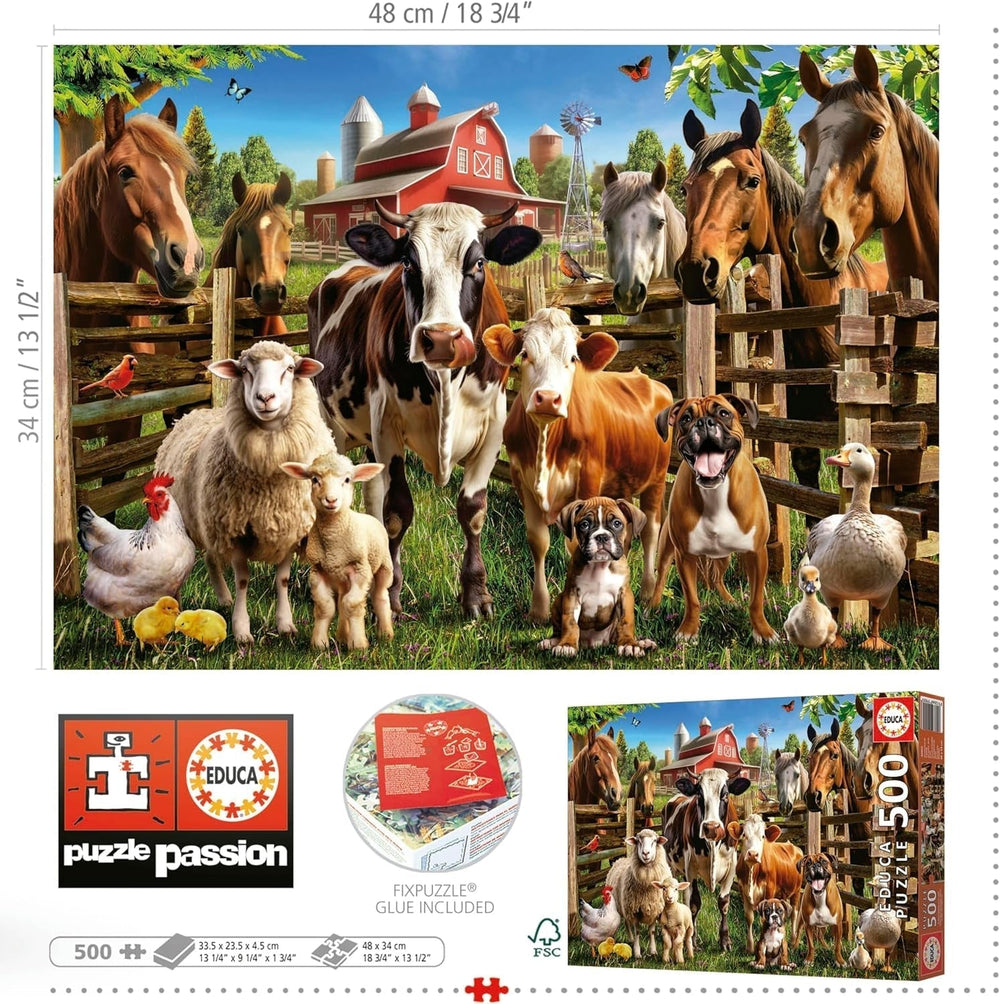 Educa - Puzzle de 500 pièces pour adultes | Animaux de ferme coquins. Dimensions : 48 X 34 cm. Comprend de la colle pour puzzle Fixpuzzle. Depuis 11 ans (19905) Puzzle Naty Shop