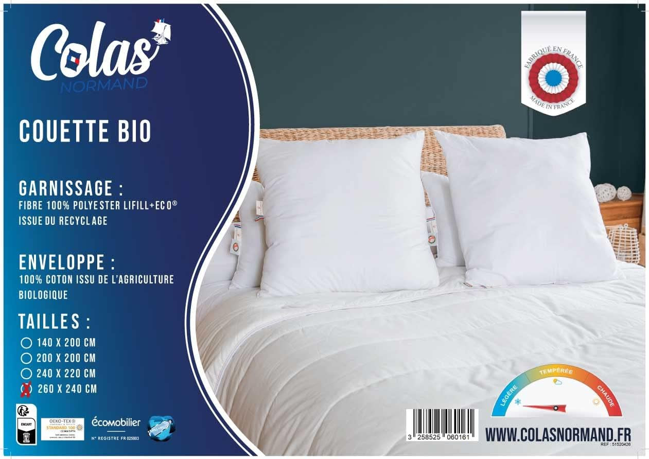 Couette COLAS NORMAND 260 X 240 cm, coton bio et garnissage recyclé, légère, douce, lavable en machine à 40 °C Couettes et couettes Naty Shop