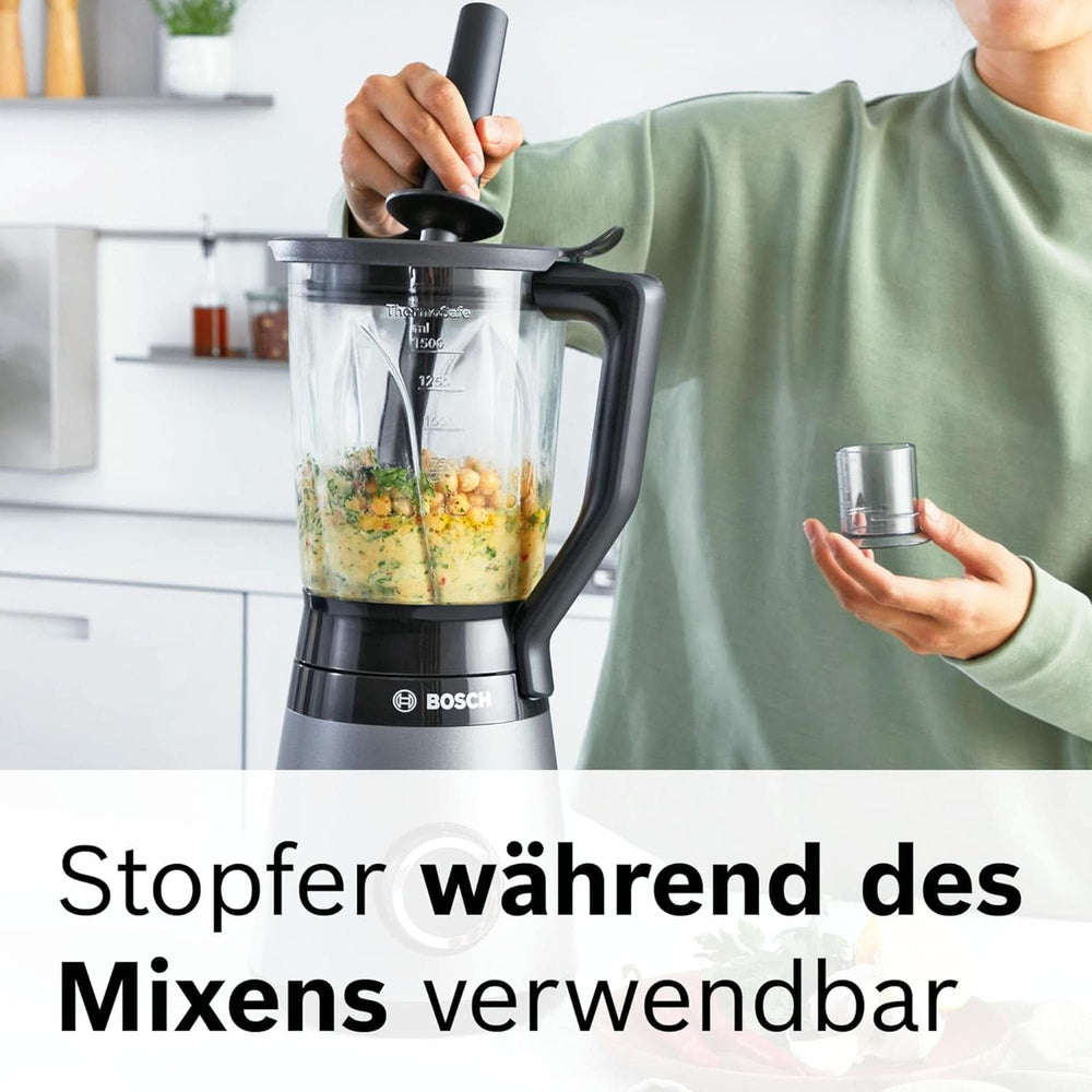 Bosch Batteur sur socle Vitapower Serie 4 MMB6177S, Edelstahl-Klingen Fabriqué en Allemagne, 1,5 L Thermosafe Glasbehälter, 0,6 L To-Go-Flasche, Stopfer, Universalzerkleinerer, 30 000 U/Min, 1200 W, Silver Kitchen Naty Shop