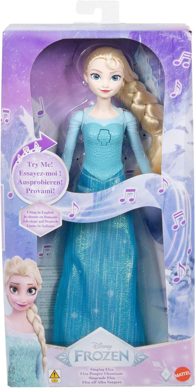Mattel Toys Disney Frozen Elsa poupée chantante en tenue emblématique, chante « Let It Go » du film Disney en anglais, français, allemand, italien, JDL58