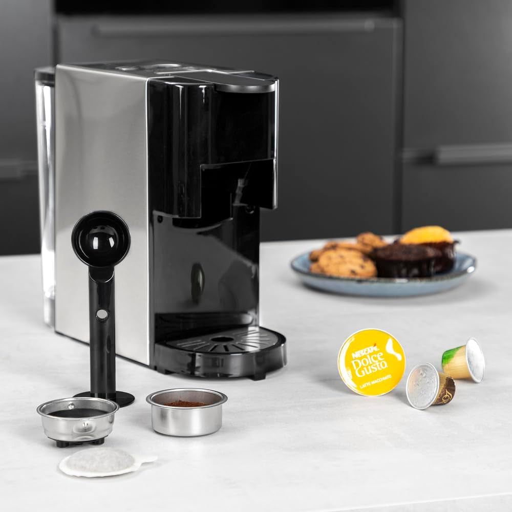 Machine à expresso multicapsules Princess 4 en 1 - 1450 watts, capsules, dosettes, café moulu, sans BPA, 249450, 01.249450.01.001, noir, argent