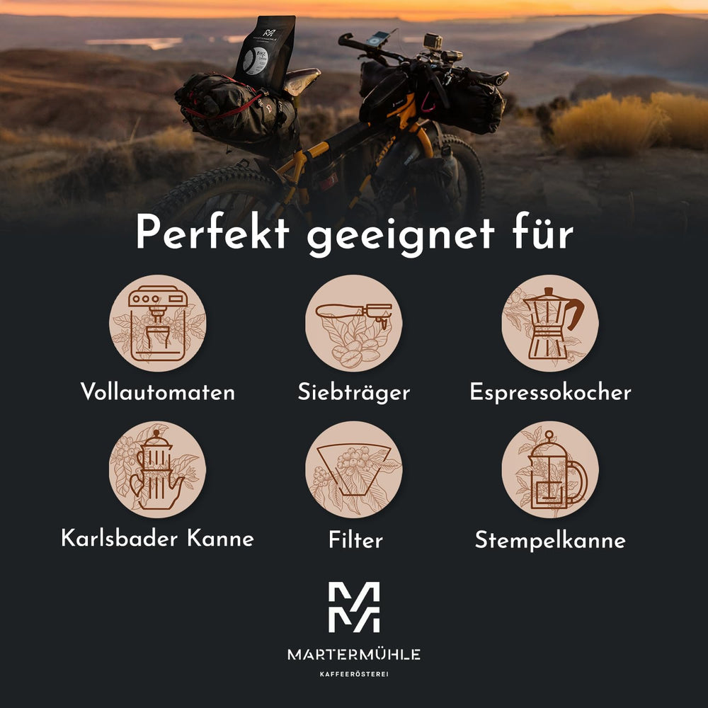 Grains d'espresso Martermühle Bike 500g Strong | Arabica/Robusta | Saveurs : Noix de macadamia, chocolat au lait | Grains d'espresso entiers légèrement torréfiés, faible acidité