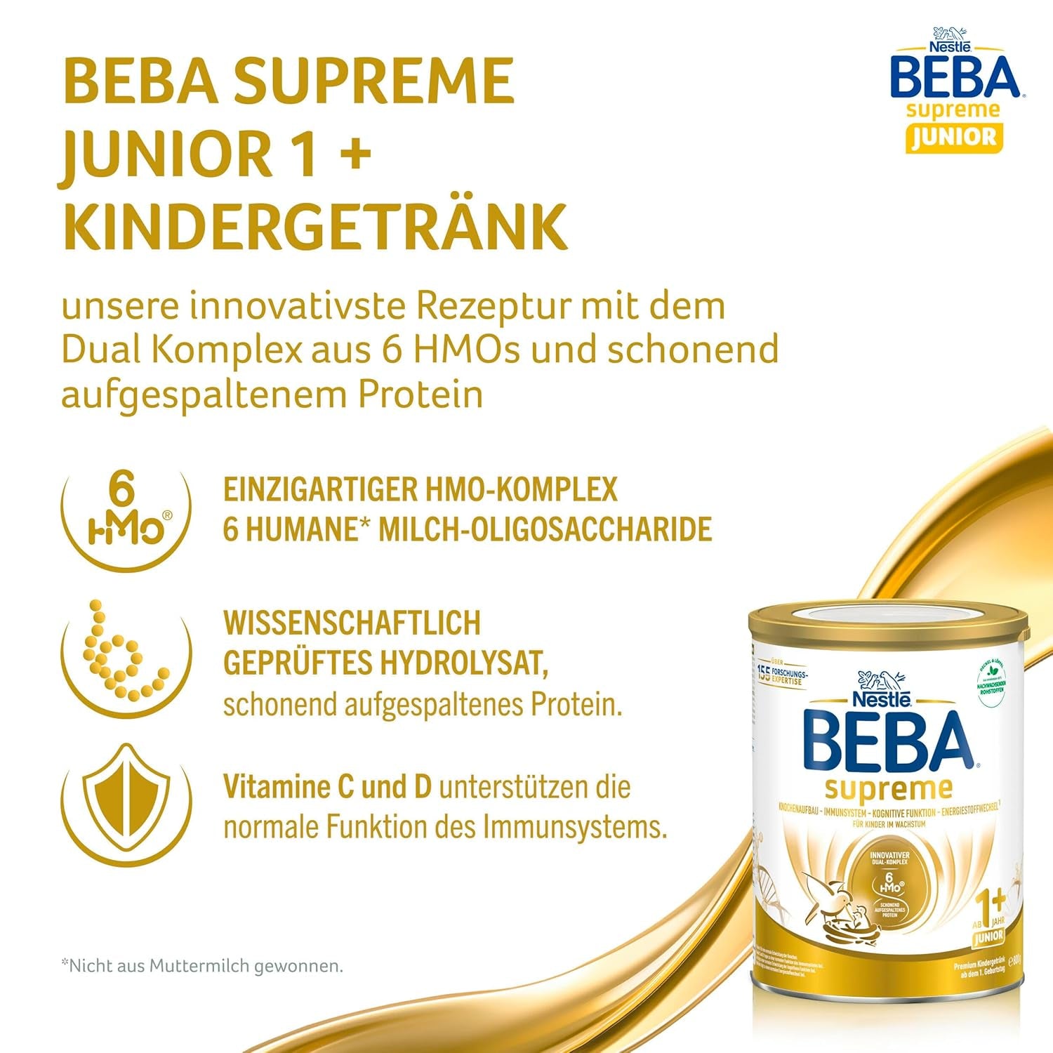 BEBA SUPREME JUNIOR 1 Plus - Boisson pour enfants à partir de 1 an, au complexe 6 HMO, sans lactose, sans huile de palme, sans huile de poisson, nourriture pour petits enfants, lait en poudre pour bébé, pack de 6 (6 x 800g)