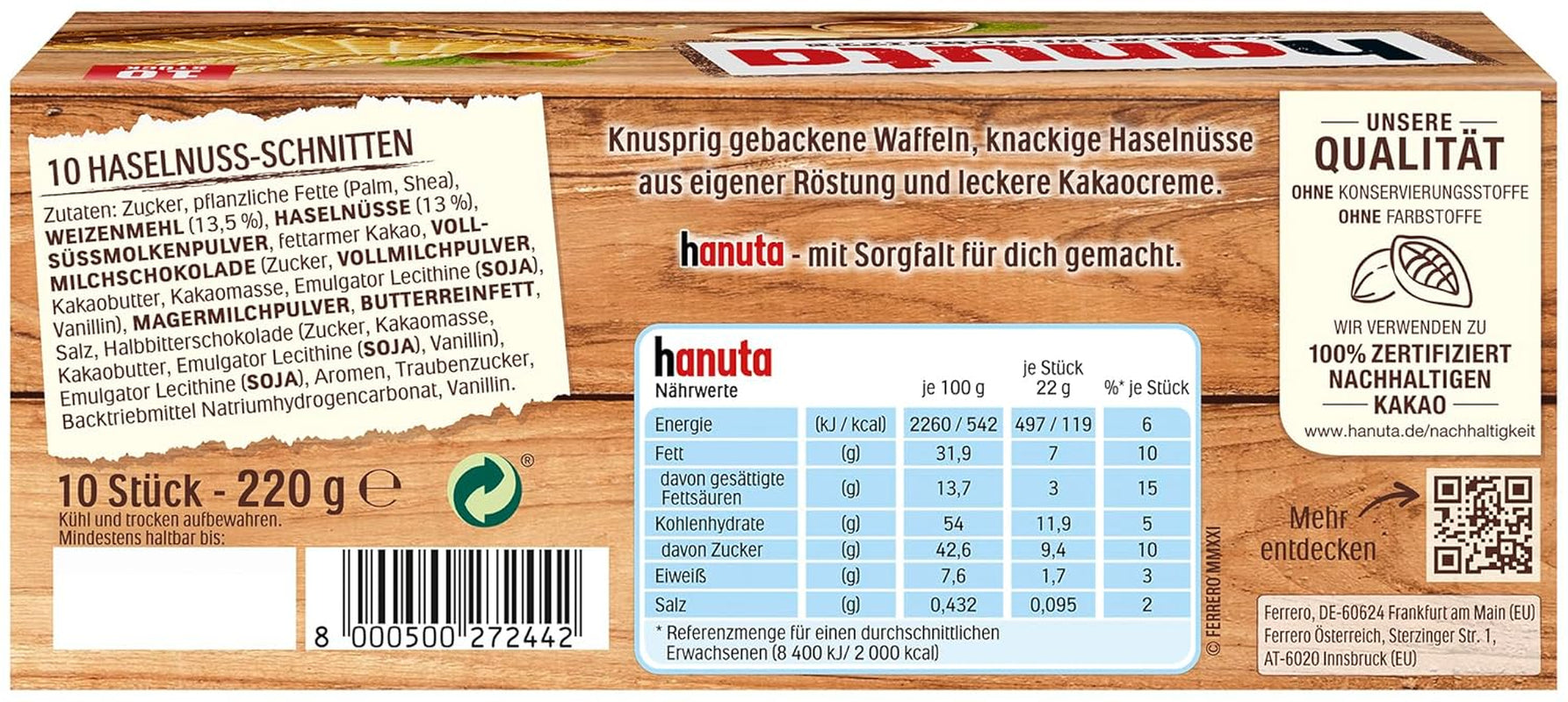 Ferrero Hanuta, 10 bucăți, 220g
