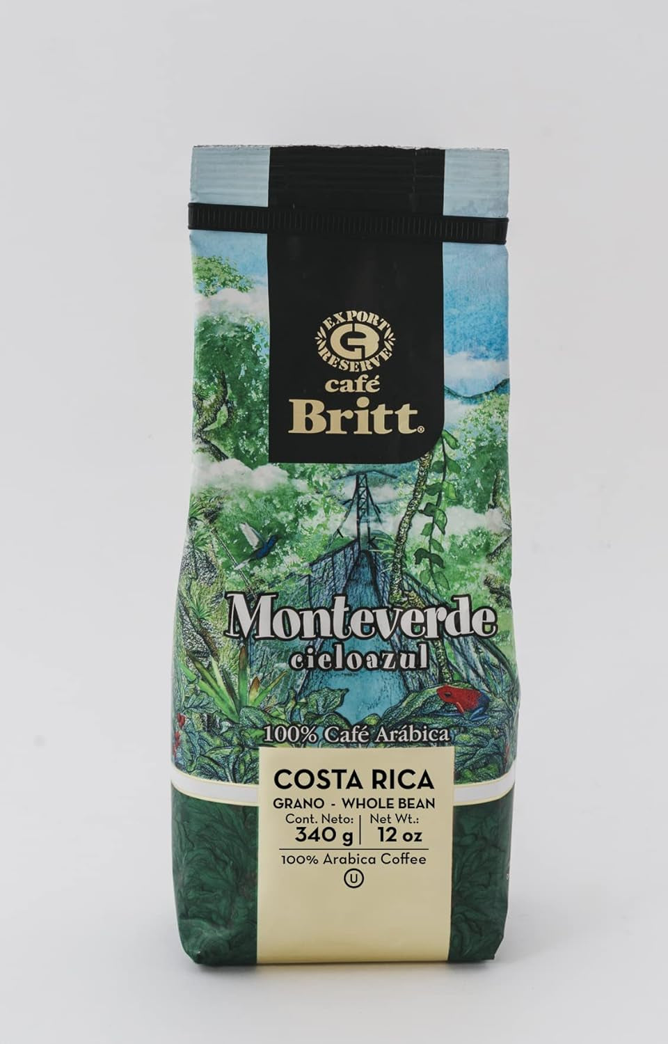 Café Britt® - Costa Rica Monteverde (340 g) (1 paquet) Café Arabica en grains entiers, casher, sans gluten, gourmet et torréfaction moyennement foncée