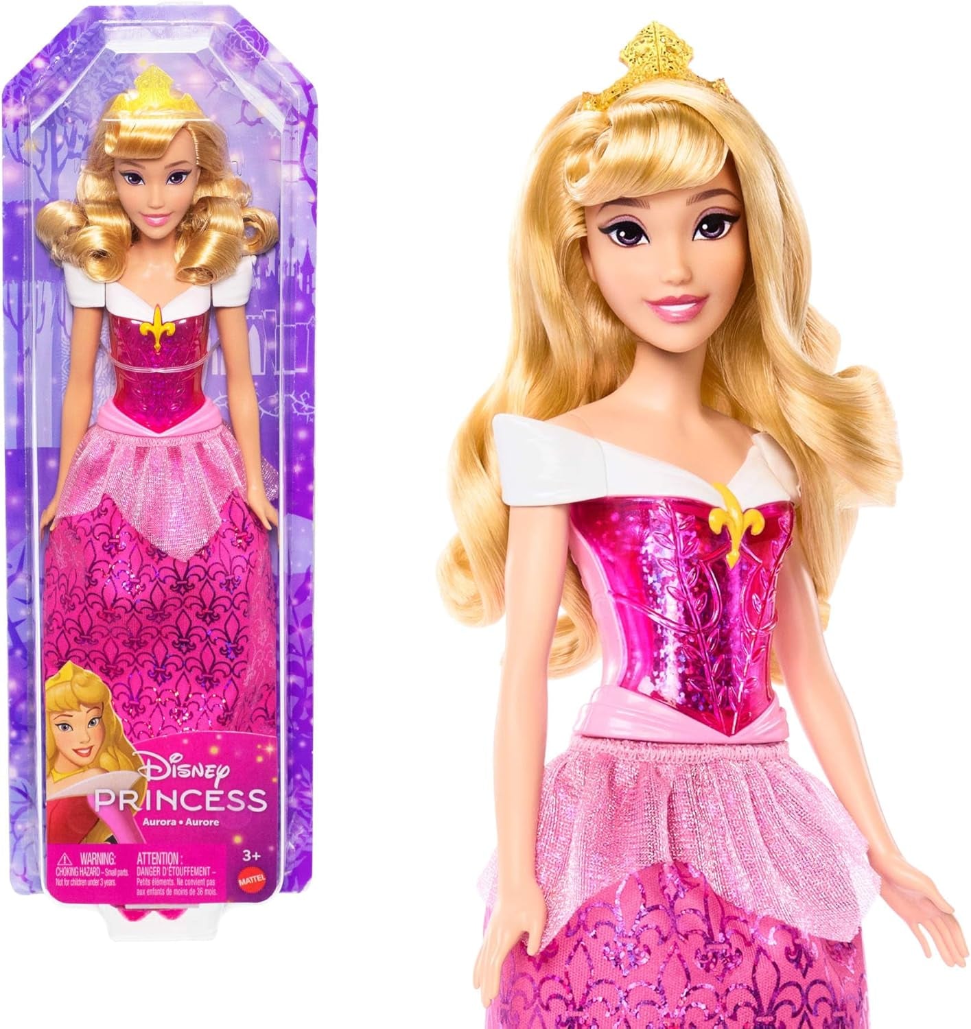 Mattel DISNEY Princesse Aurore - Poupée avec tenue emblématique, chaussures et diadème amovibles, haut scintillant et jupe amovible à motifs, cheveux longs pour le coiffage, HLW09