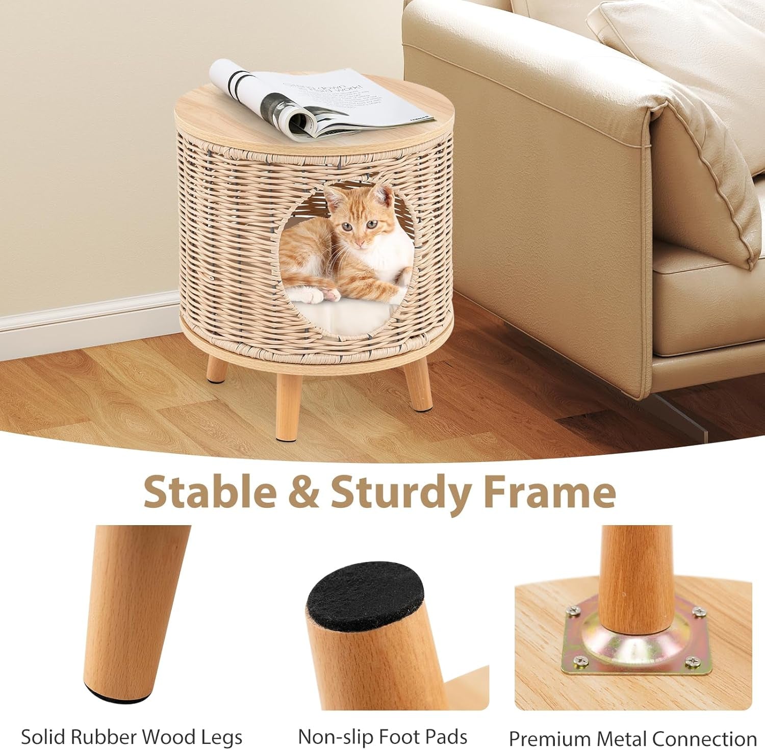 Katzenhaus Rattan, Katzenmöbel mit Holzbeinen & soft Kissen, 3 in 1 Katzenhöhle Fußhocker Nachttisch, Katzenbett stabil bis 30 kg für Wohnzimmer Schlafzimmer