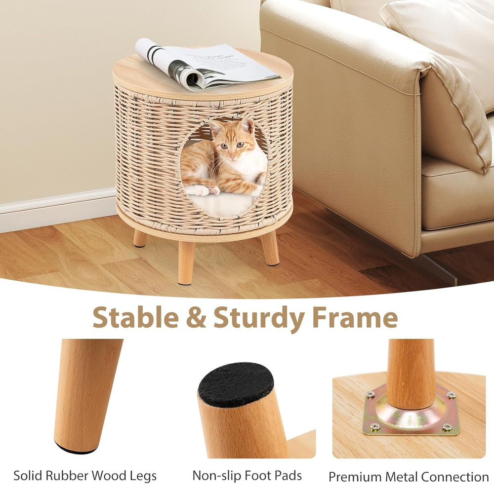 Katzenhaus Rattan, Katzenmöbel mit Holzbeinen & soft Kissen, 3 in 1 Katzenhöhle Fußhocker Nachttisch, Katzenbett stabil bis 30 kg für Wohnzimmer Schlafzimmer