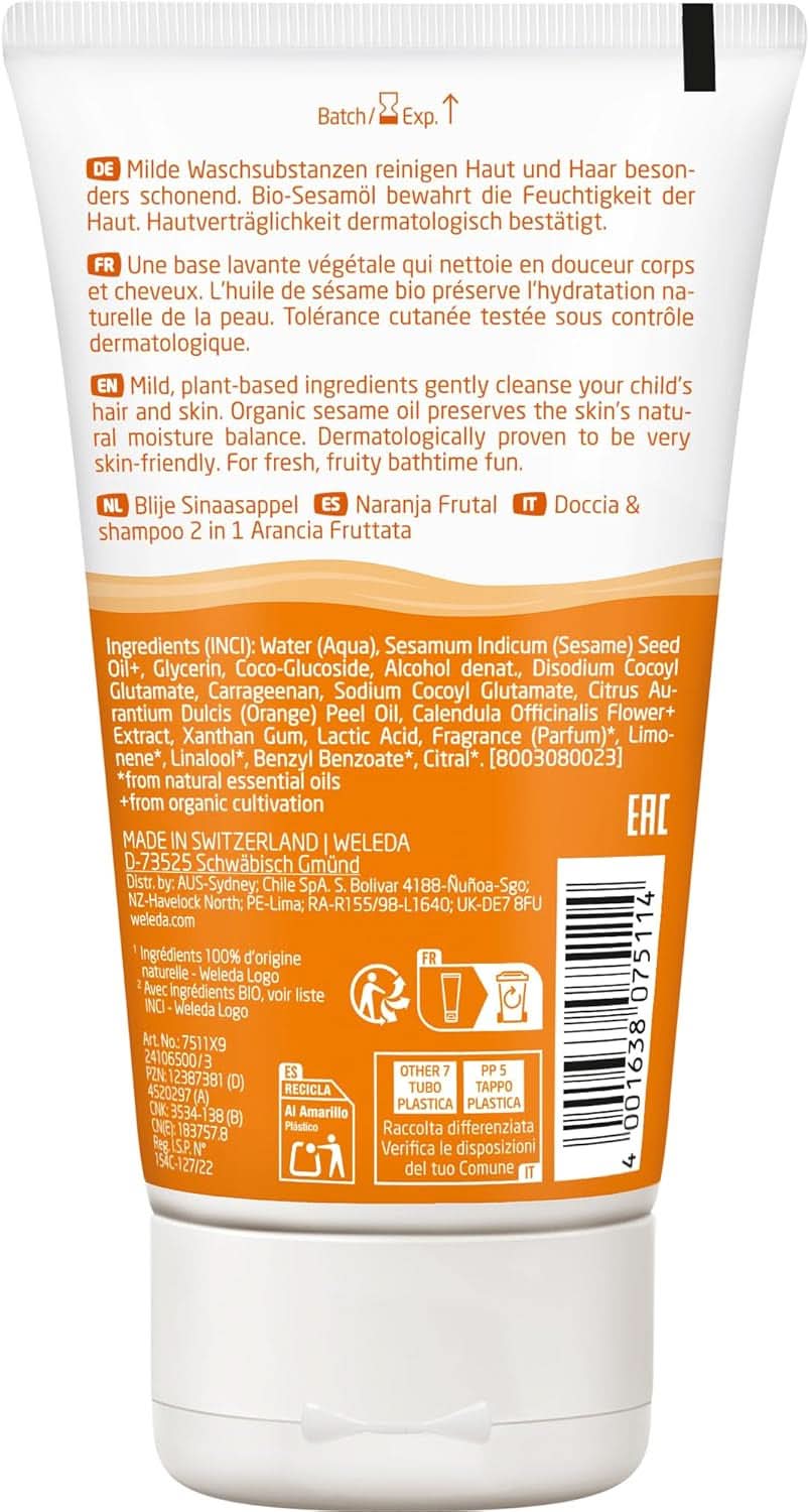 WELEDA Bio Kids Shampoing et Gel Douche 2 en 1, orange, adapté aux enfants à partir de trois ans (1 x 150 ml) Mère et Enfant Naty Shop