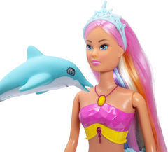 Simba Steffi Love Poupée sirène mermaizing avec fonction lumière arc-en-ciel, cheveux extra longs, figurine de dauphin et pinces à cheveux, hauteur 39 cm, fonction Try-Me, à partir de 3 ans