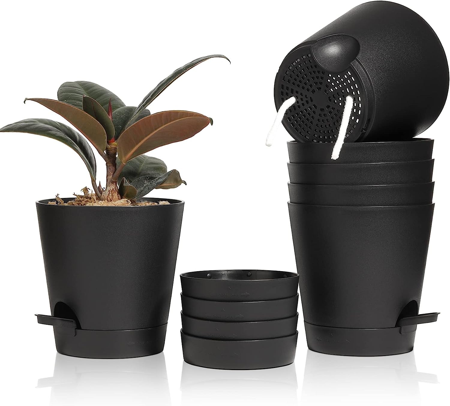 T4U Pots de fleurs en plastique de 14 cm avec système d'arrosage, lot de 6 pots de fleurs et soucoupes à arrosage automatique, pots ronds pour plantes de jardin de balcon intérieur, plantes grasses, cactus, blanc